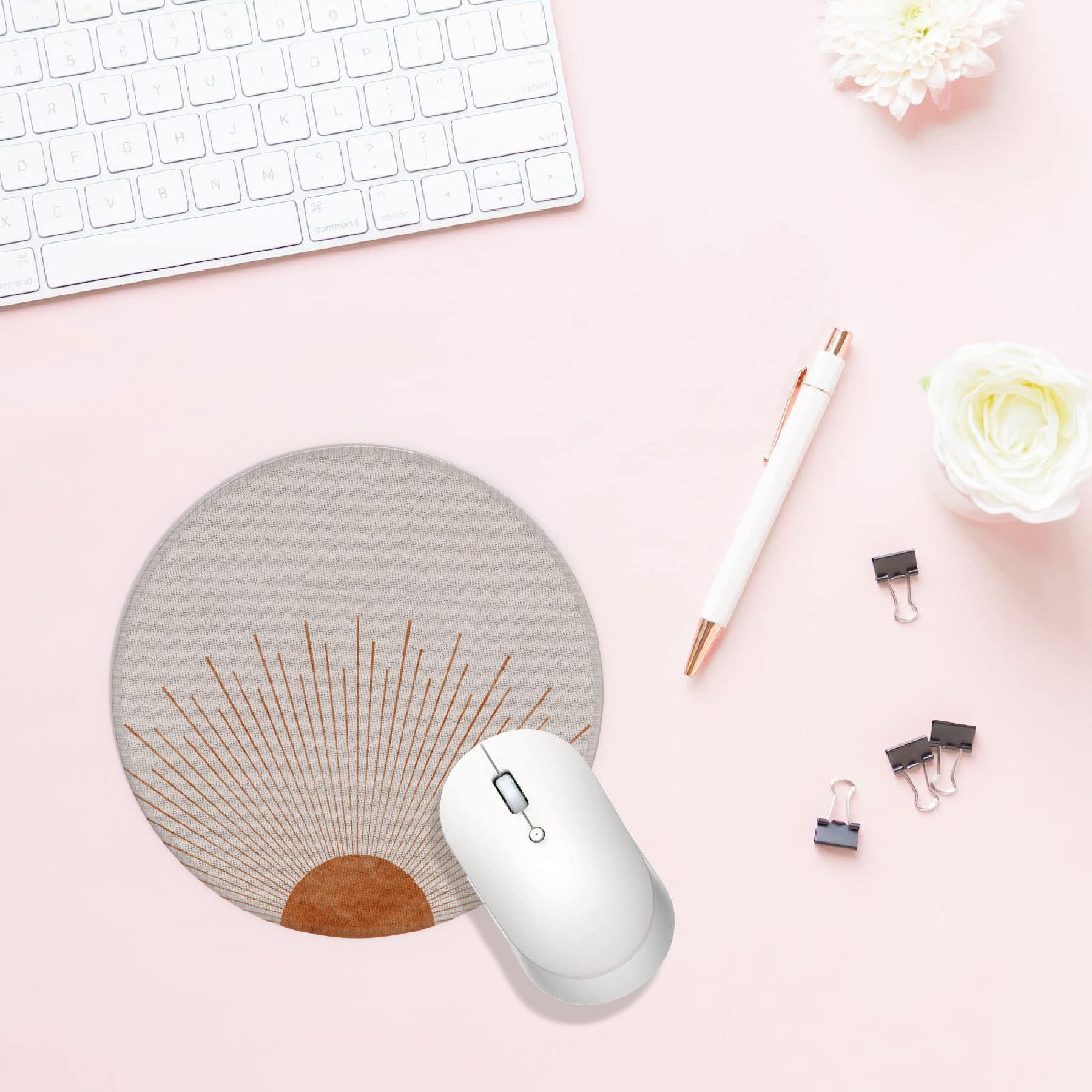 Boho Mouse Pad 7.9x7.9 Inch - Waterproof Rubber Round Desk Mat, Aesthetic Small Beige Mousepad for Office, Home & Gaming Setup - Non-Slip Base & Smooth Surface for Computers & Laptops