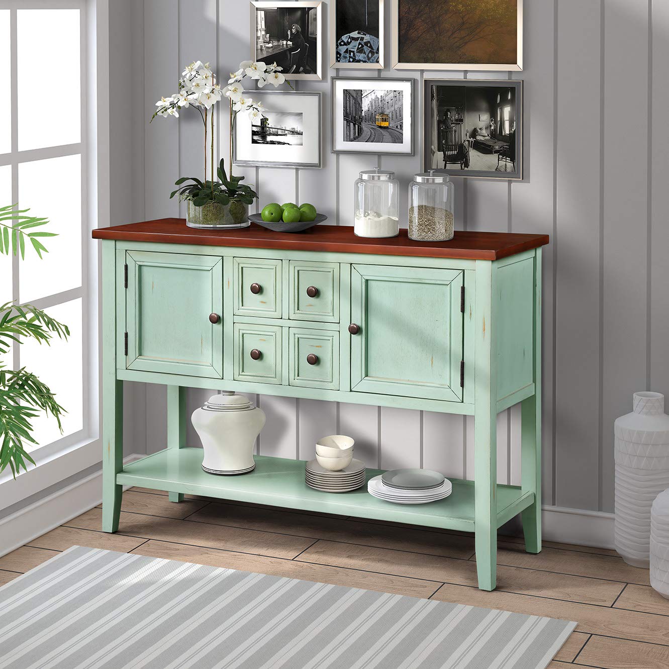 Antique Blue Sideboard Console Table with 4 Drawers, 2 Cabinets & Bottom Shelf - Vintage Buffet Table for Dining Room, Entryway Storage & Living Room Sofa Table | Perfect for Home Decor, Kitchen Storage & Hallway Organization