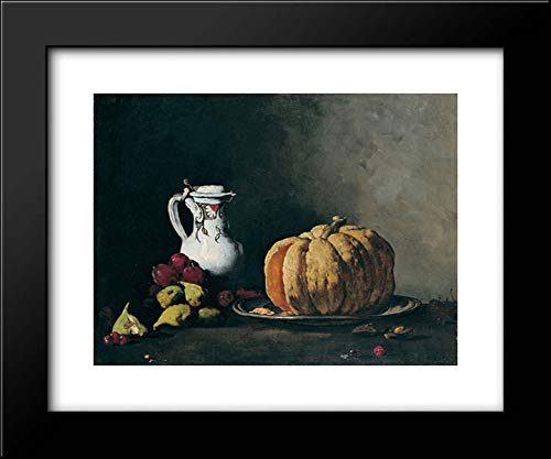 Theodule Ribot Still Life Painting - Framed Art Print 18x15 with Pumpkin, Plums, Cherries, Figs & Jug | Vintage Kitchen Decor, Dining Room Wall Art, Fall Harvest Home Decoration