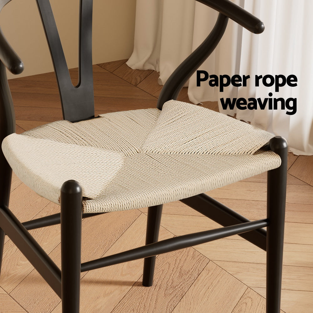2 Pack Artiss Wooden Rattan Wishbone Dining Chairs - Black Modern Kitchen & Dining Room Furniture for Home Decor