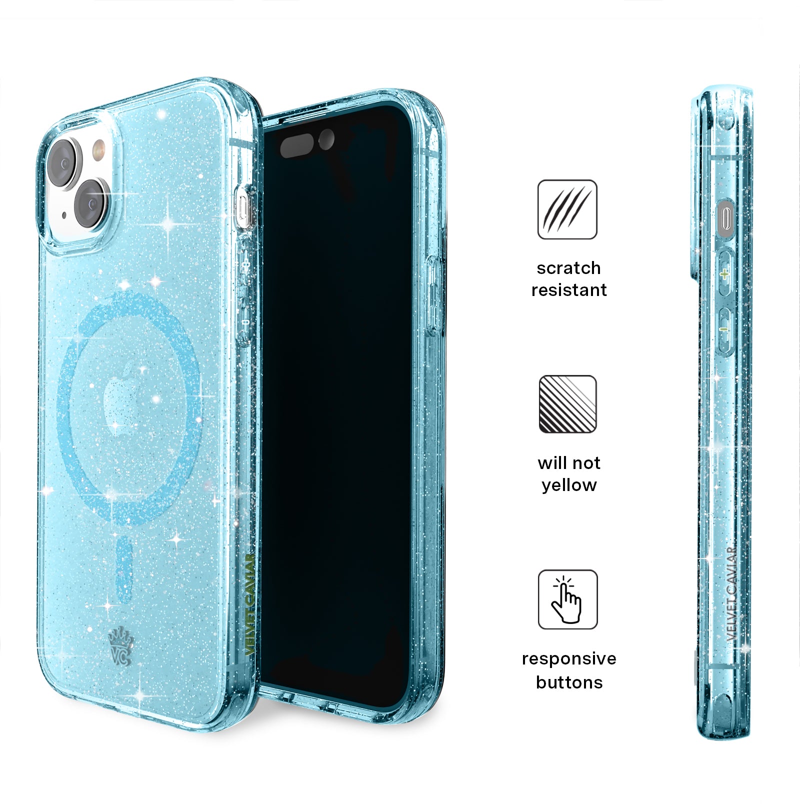Blue Stardust Glitter iPhone Case - Shatterproof Protective Cover for iPhone 13/14/15 Pro Max - Sparkly Glitter Phone Case for Women Girls - Perfect for Parties, Travel & Everyday Use