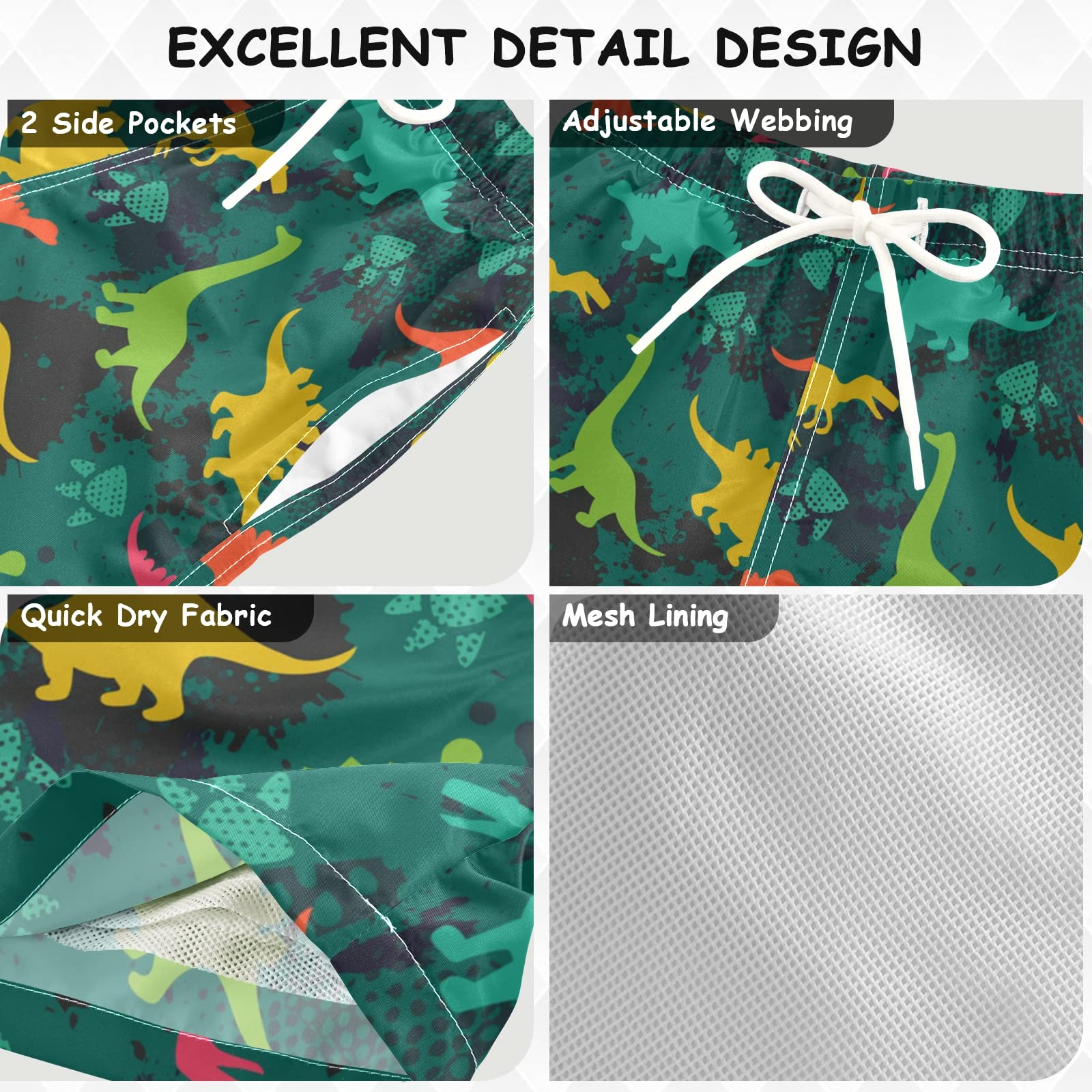 Dinosaurs Boys Swim Trunks - Quick Dry Toddler Swimsuits with Adjustable Waist | Beach & Pool Board Shorts for Kids 2T-16 | Perfect for Summer Swimming, Water Parks & Family Vacations