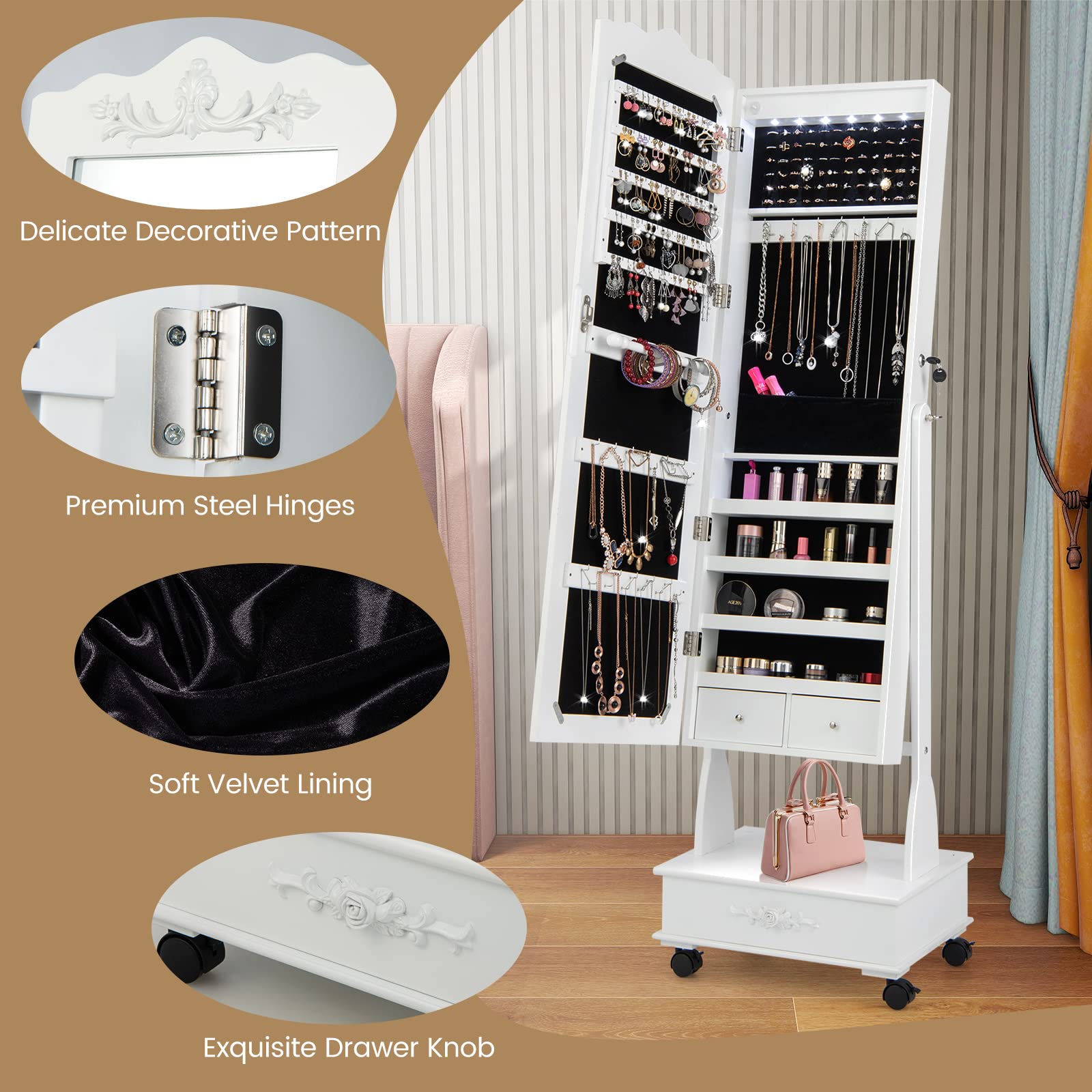 CHARMAID Rolling Jewelry Armoire with Full-Length Mirror - Lockable Standing Jewelry Cabinet with LED Lights & Wheels - 10-Drawer Jewelry Organizer with Storage - White - Perfect for Bedroom, Closet & Dressing Room Organization