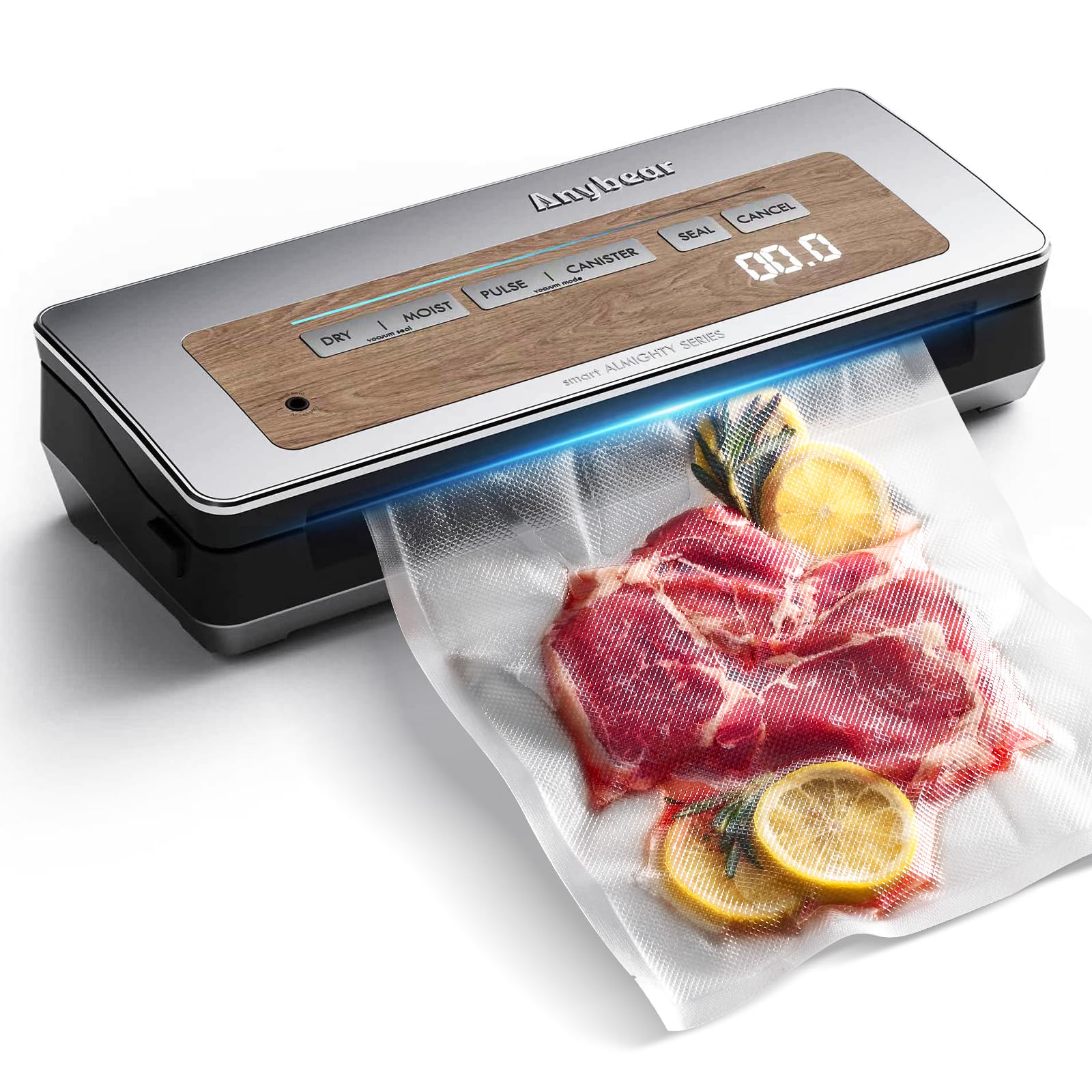 Powerful 120W Vacuum Sealer Machine with 90kPa Wide Seal - All-in-One Food Storage Solution | Built-in Cutter, Digital Countdown Display | Includes 2 Bag Rolls & 5 Pre-cut Bags (Silver Wood Grain) | Perfect for Meal Prep, Sous Vide, Freezer Storage & Long-Term Food Preservation