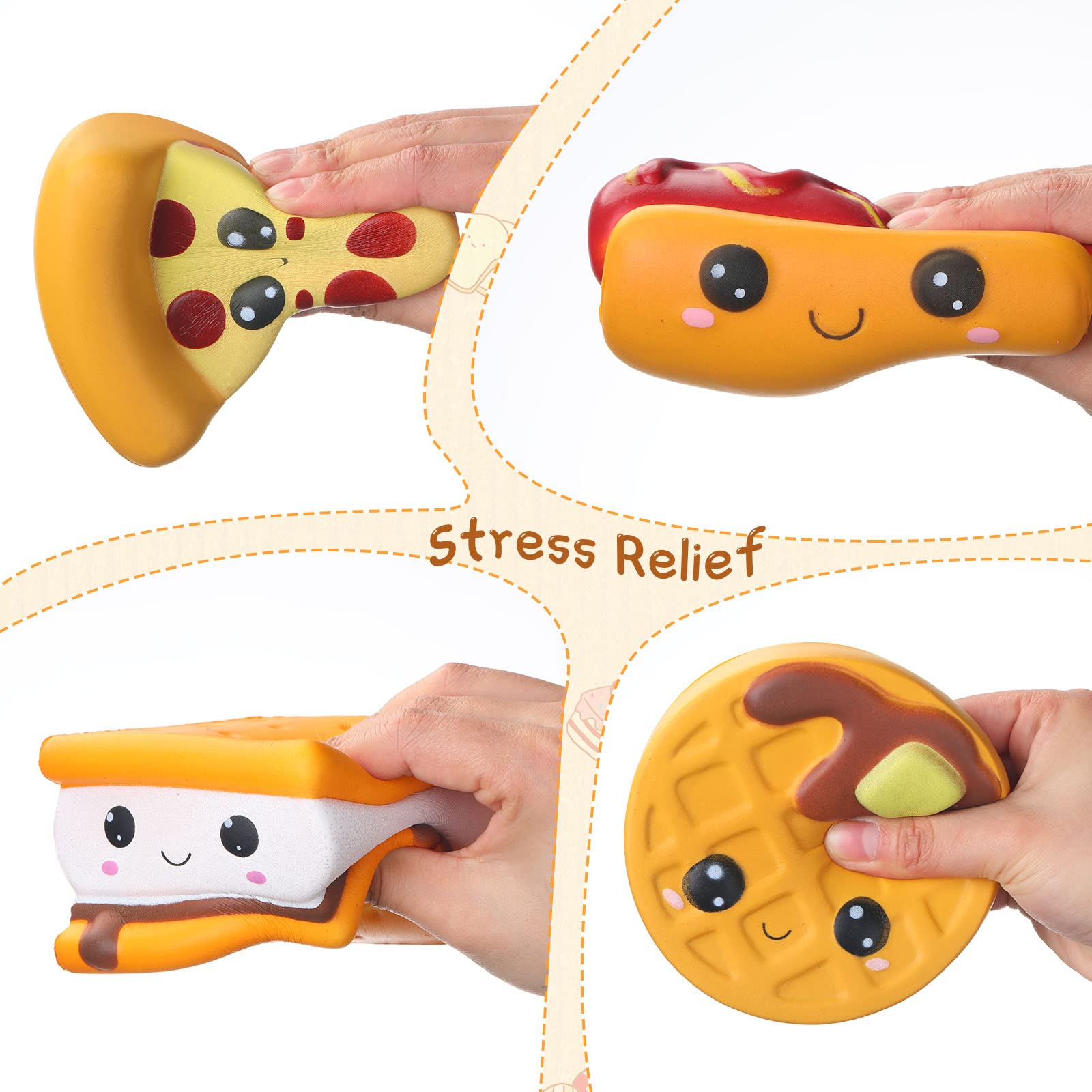 8 Pcs Slow Rising Squishy Stress Relief Toys - Hot Dog, Cake, Bread, S'more, Pizza, Biscuit, Donut Foam Anxiety Toys for Teens & Adults | Fun Office Desk Decor & Sensory Fidget Toys for Stress Relief
