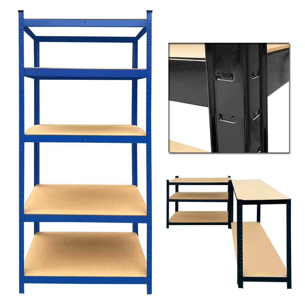 Heavy Duty 5-Tier Metal Shelving Unit - 148x70x30cm Boltless Steel & MDF Storage Rack with 750KG Capacity (150KG Per Shelf) - Blue Industrial Shelves for Garage, Shed, Warehouse & Home Organization