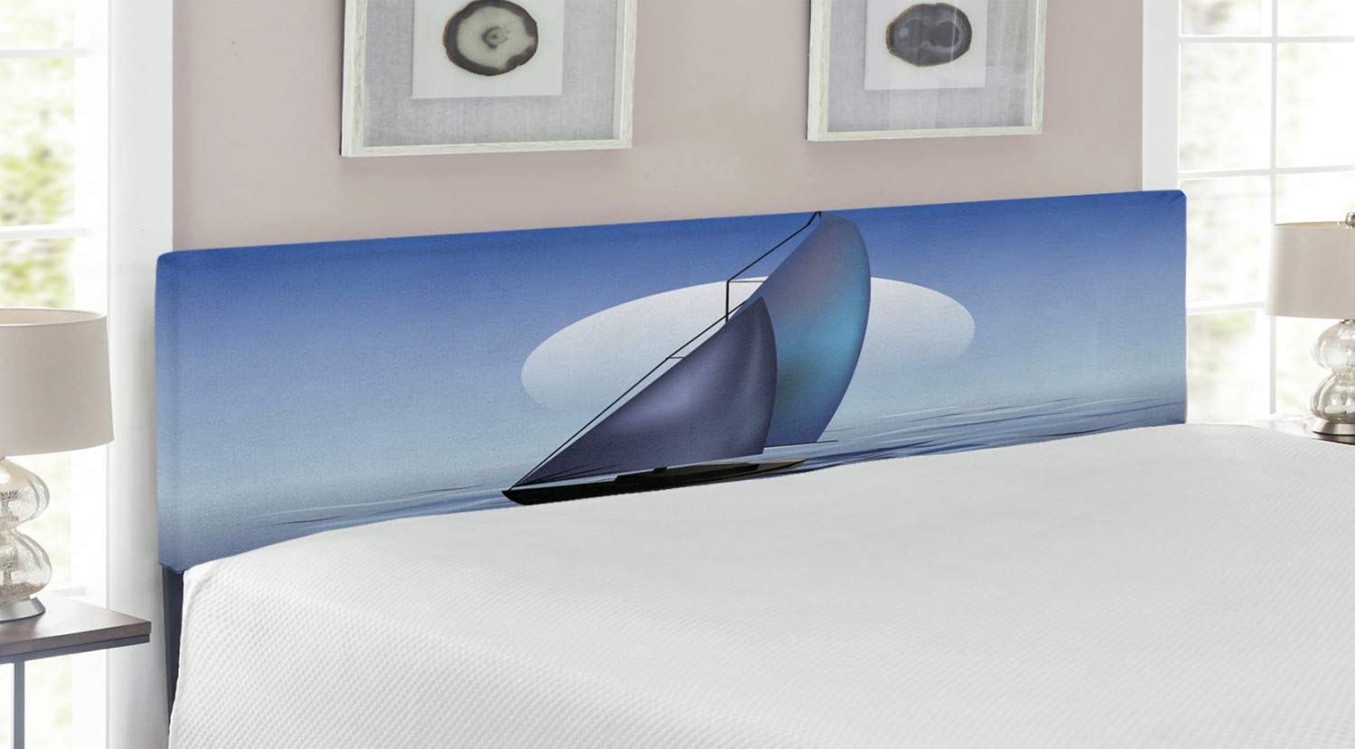 Ambesonne King Size Nautical Headboard - Sailing Boat Moonrise Ocean Reflections Upholstered Metal Bed Headboard with Memory Foam, Violet Blue | Perfect for Coastal & Nautical Bedroom Decor, Guest Rooms, Vacation Homes