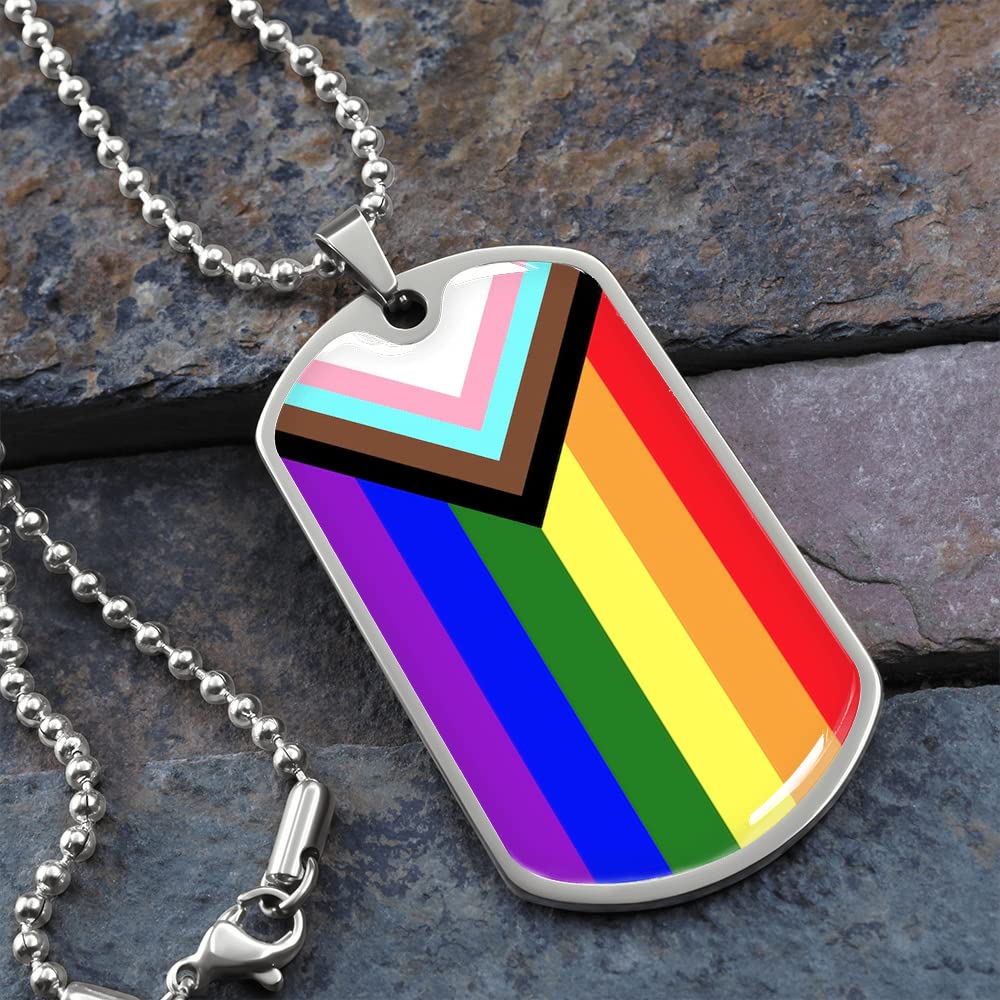 Customized Progress Pride Necklace - Rainbow LGBTQ+ Dog Tag Pendant with Gift Box | Gay, Lesbian & Bisexual Pride Jewelry | Perfect for Pride Month, Couples Gifts & Everyday Wear