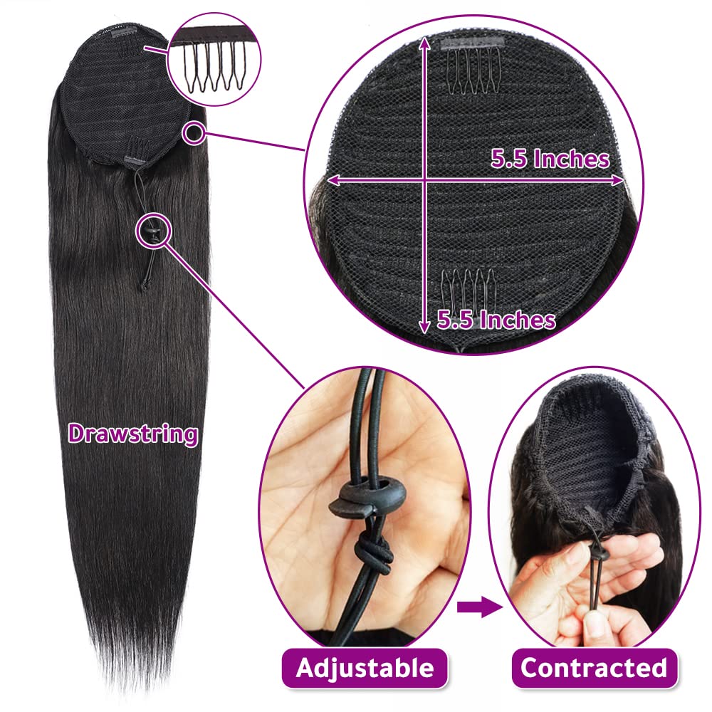 10A Grade 100% Unprocessed Brazilian Human Hair Ponytail Clip In Extensions - 1 Piece, 28 Inch Straight Wrap Drawstring Hairpiece for Thickening & Styling - Perfect for Parties, Weddings & Everyday Glamour