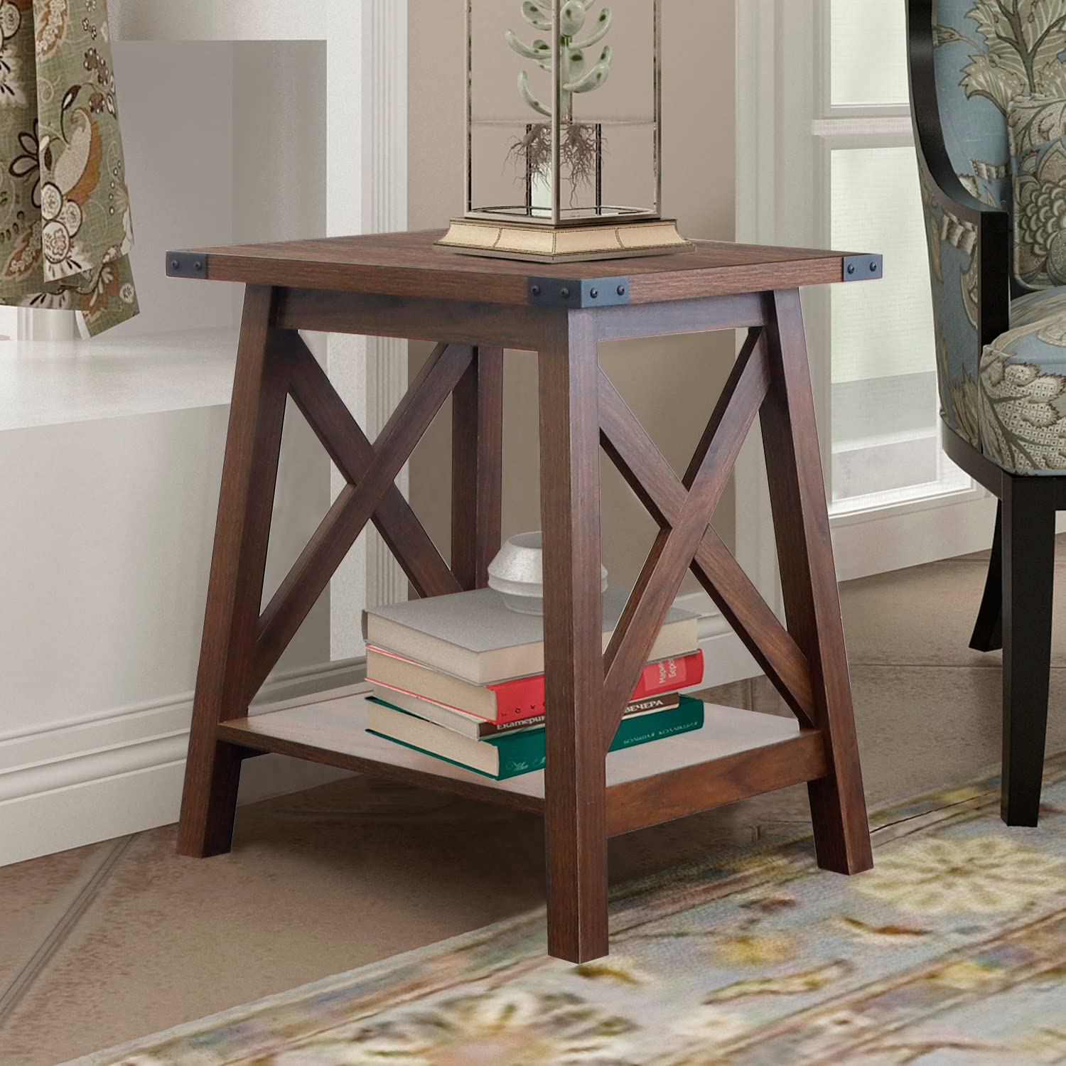 Rainbow Sophia Side Table - 2-Tier Wood End Table for Living Room & Bedroom - Farmhouse Nightstand with Storage - Dark Walnut Finish - Perfect for Small Spaces, Home Decor & Accent Furniture