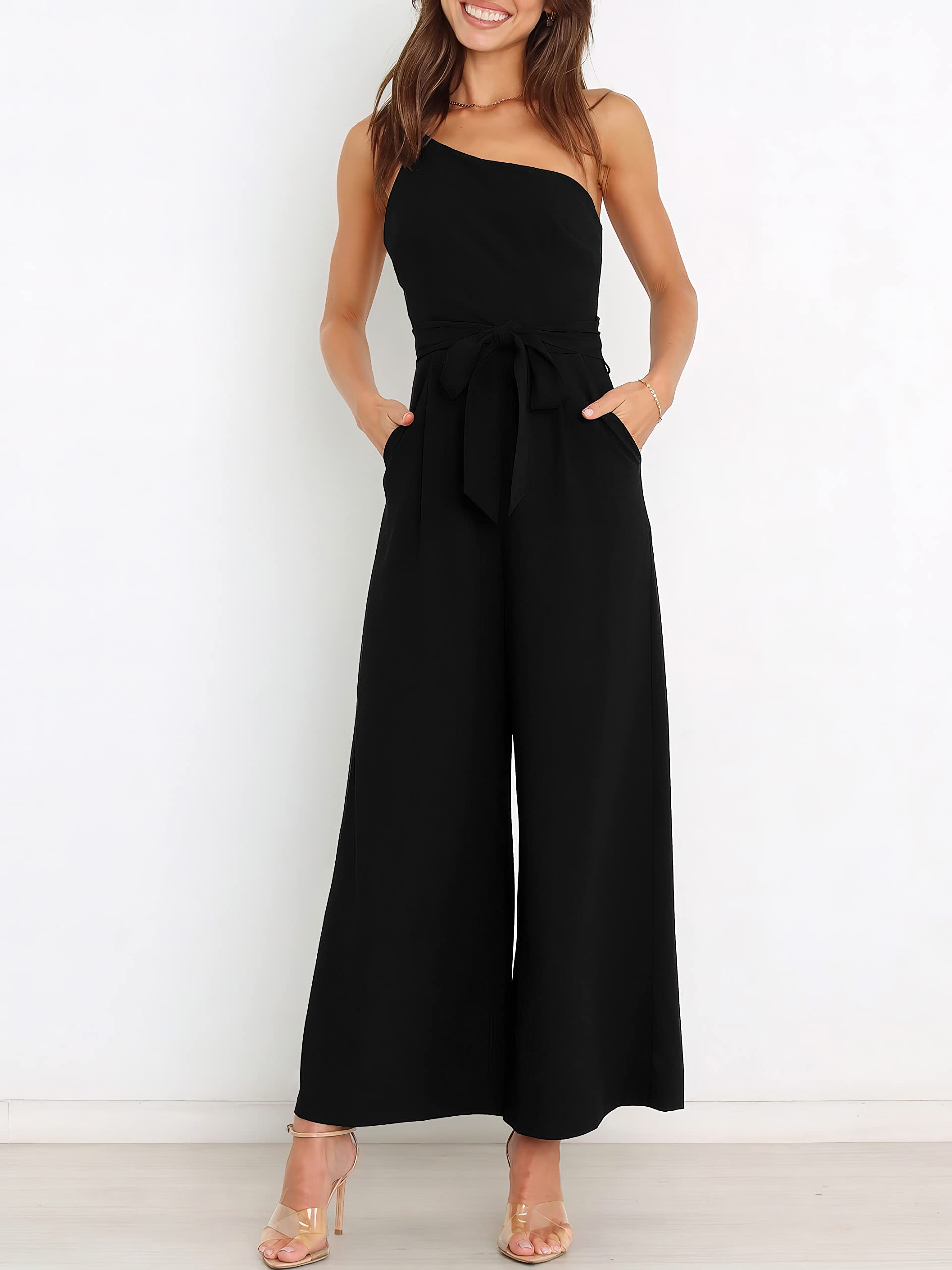 ANRABESS Women's One Shoulder Sleeveless Jumpsuit - Summer Wide Leg Romper with Belt | Casual Dressy Outfit for Beach, Party & Vacation | Trendy 2025 Fashion