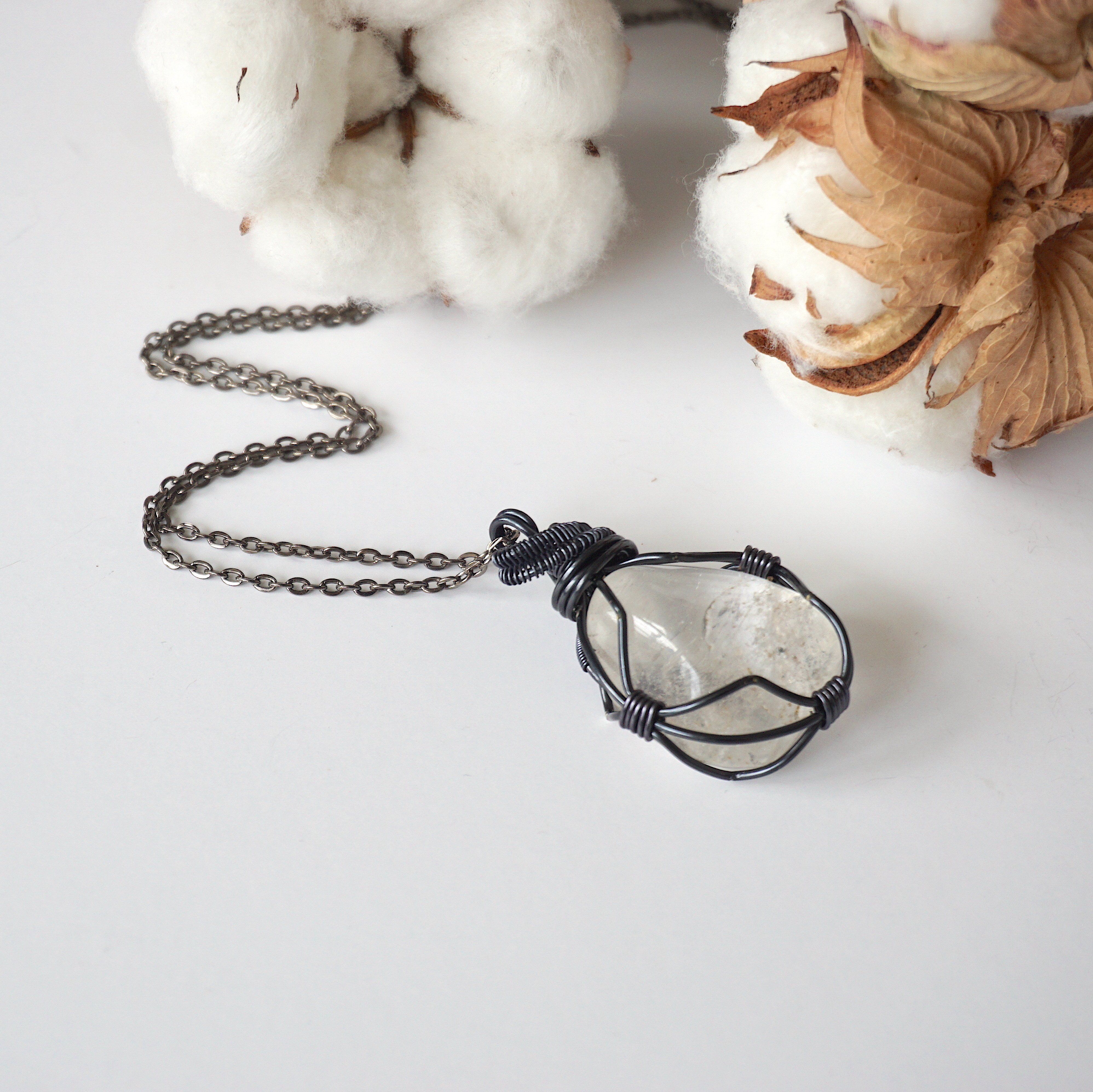 Natural Clear Quartz Pendant Necklace with Gunmetal Wire Wrap - Healing Crystal Jewelry for Meditation, Energy Cleansing & Spiritual Protection