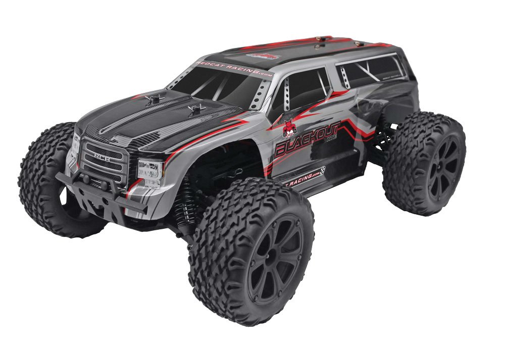 Redcat Racing Blackout XTE 1/10 Scale Electric Monster Truck - Waterproof RC Car for Off-Road Bashing, Silver/Red SUV Body (Blackout-XTE-SILVERSUV) | Ideal for Backyard Racing & Outdoor Adventure