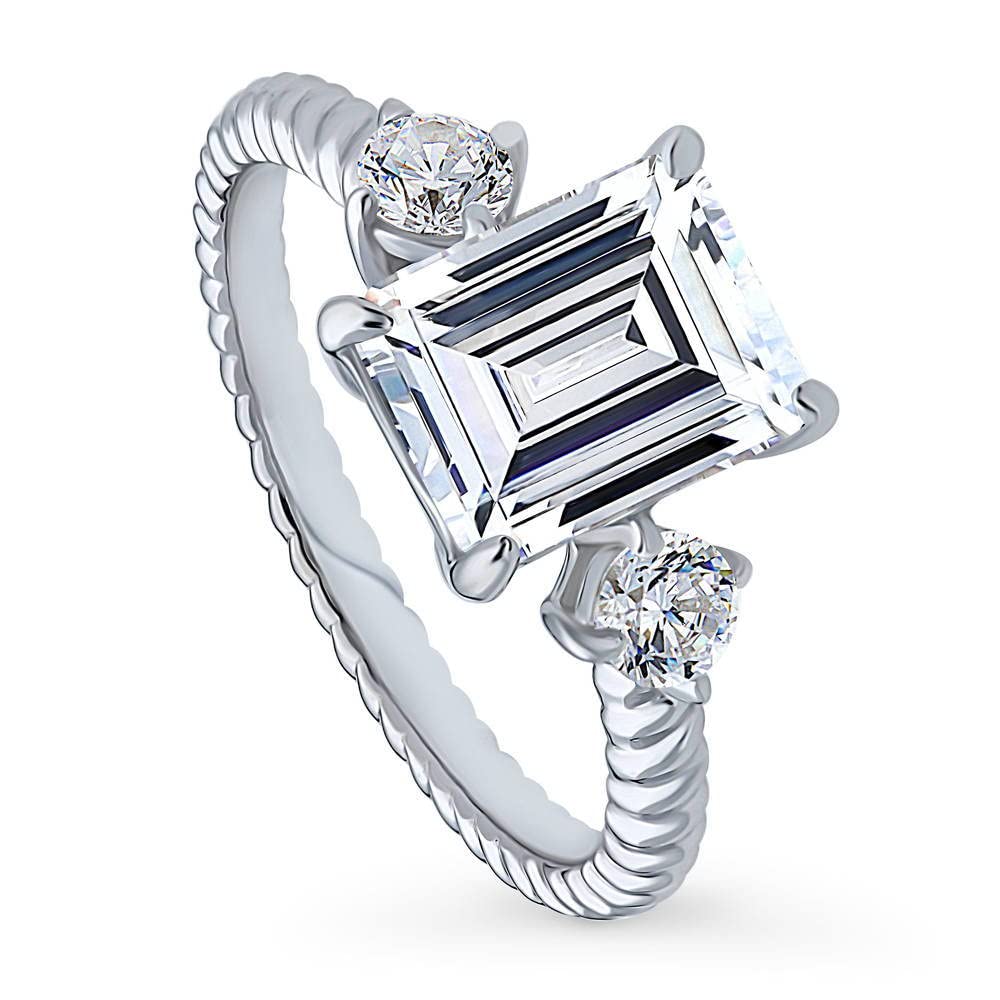 BERRICLE Sterling Silver 3-Stone Wedding & Engagement Ring for Women - 2.6 Carat Emerald Cut Cubic Zirconia CZ Woven Band, Rhodium Plated, Size 4-10 | Elegant Gift for Anniversary, Proposal & Special Occasions