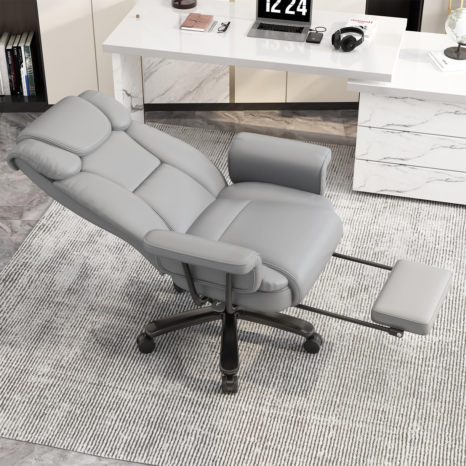 GYI Big and Tall Office Chair 400LBS Capacity - 160° High Back Reclining Ergonomic Desk Chair with Wide Seat, Adjustable Arms & Footrest - Grey - Perfect for Home Office, Gaming & Executive Workspaces