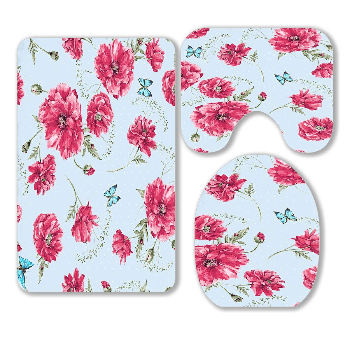 Vintage Summer Red Poppies Blue Butterflies 3-Piece Bathroom Rug Set - Non-Slip Bath Mat, Contour Mat & Toilet Lid Cover - Soft Absorbent for Bathroom Decor, Home Comfort & Guest Use