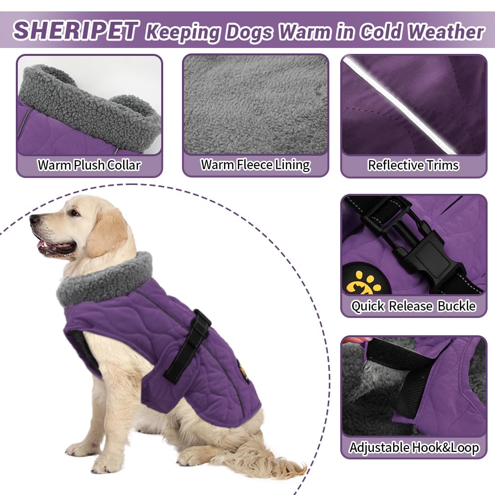 **Warm Fleece-Lined Dog Winter Coat - Adjustable Windproof Jacket for Small, Medium & Large Dogs - Quick Release Buckle - Purple - Perfect for Cold Weather Walks & Outdoor Adventures**