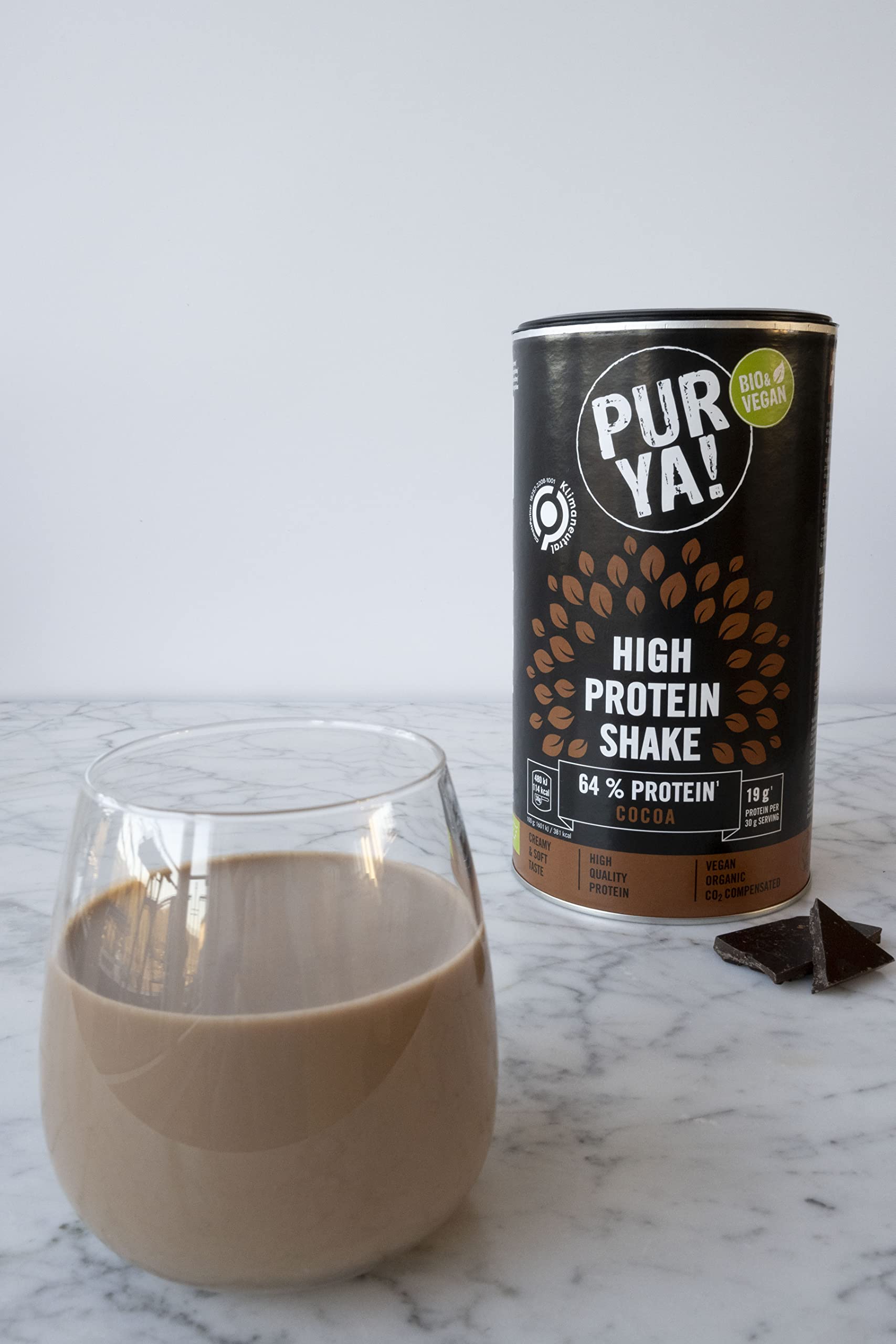 PURYA! Vegan High Protein Shake Cocoa - Organic Plant-Based Protein Drink Powder for Sports & Fitness, Lactose-Free, 500g - Perfect for Post-Workout Recovery & Healthy Meal Replacement