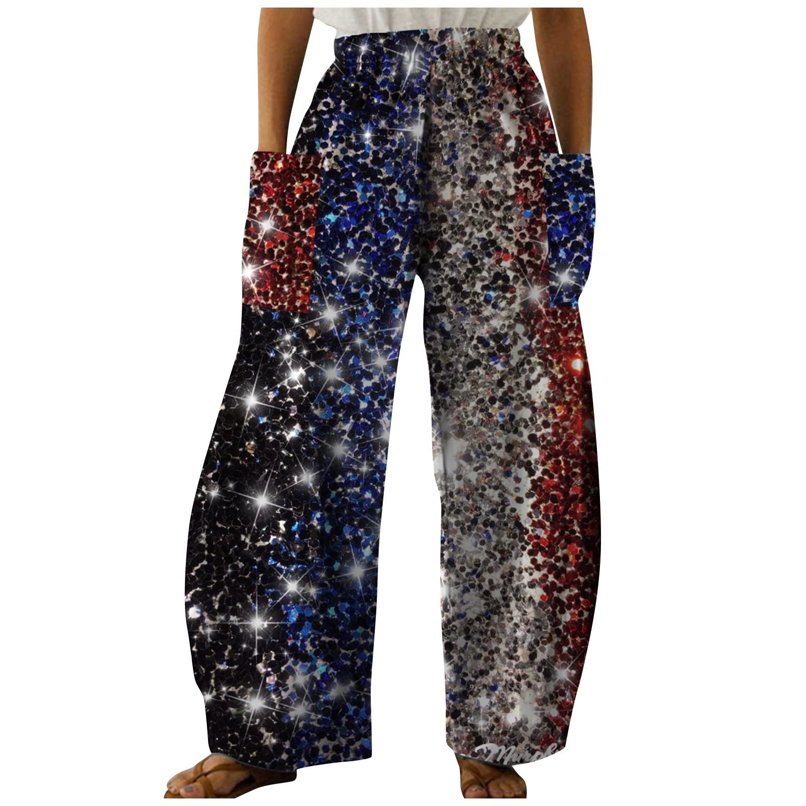 LIHUAK Women's 4th of July Printed Wide Leg Pants - Casual Loose Fit Athletic Pants for Independence Day, Summer Outfits & Yoga