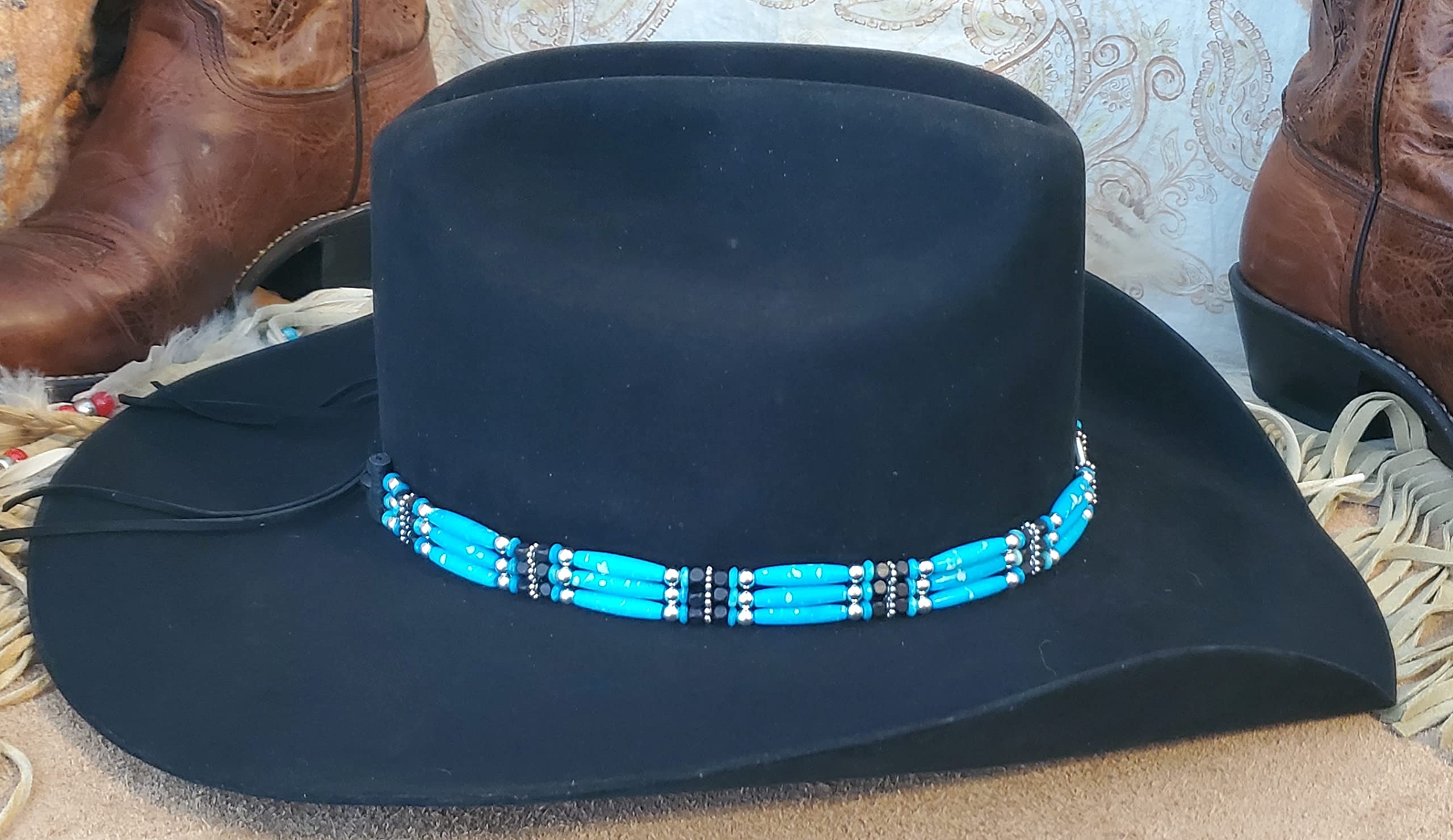 Handmade Western Cowboy Hat Band with Turquoise Hairpipe Beads & Metal Diamond Centerpiece - Vintage Style Accessory for Rodeo, Country Music Festivals & Western Fashion