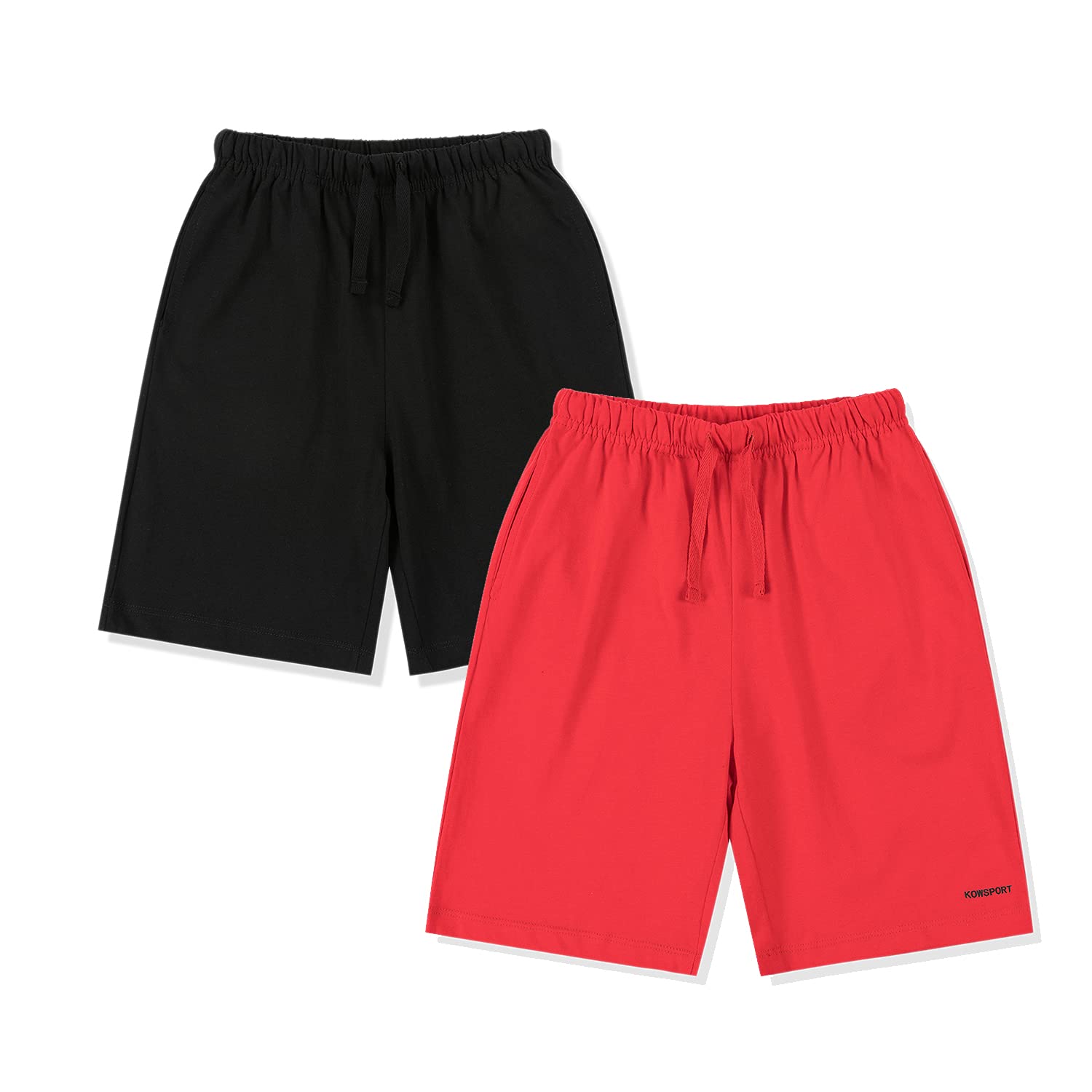 KOWSPORT 100% Cotton Kids Shorts with Pockets - 2 Pack Boys & Girls Athletic Shorts (Size 3-12 Years) - Perfect for Summer Play, Sports & Casual Wear
