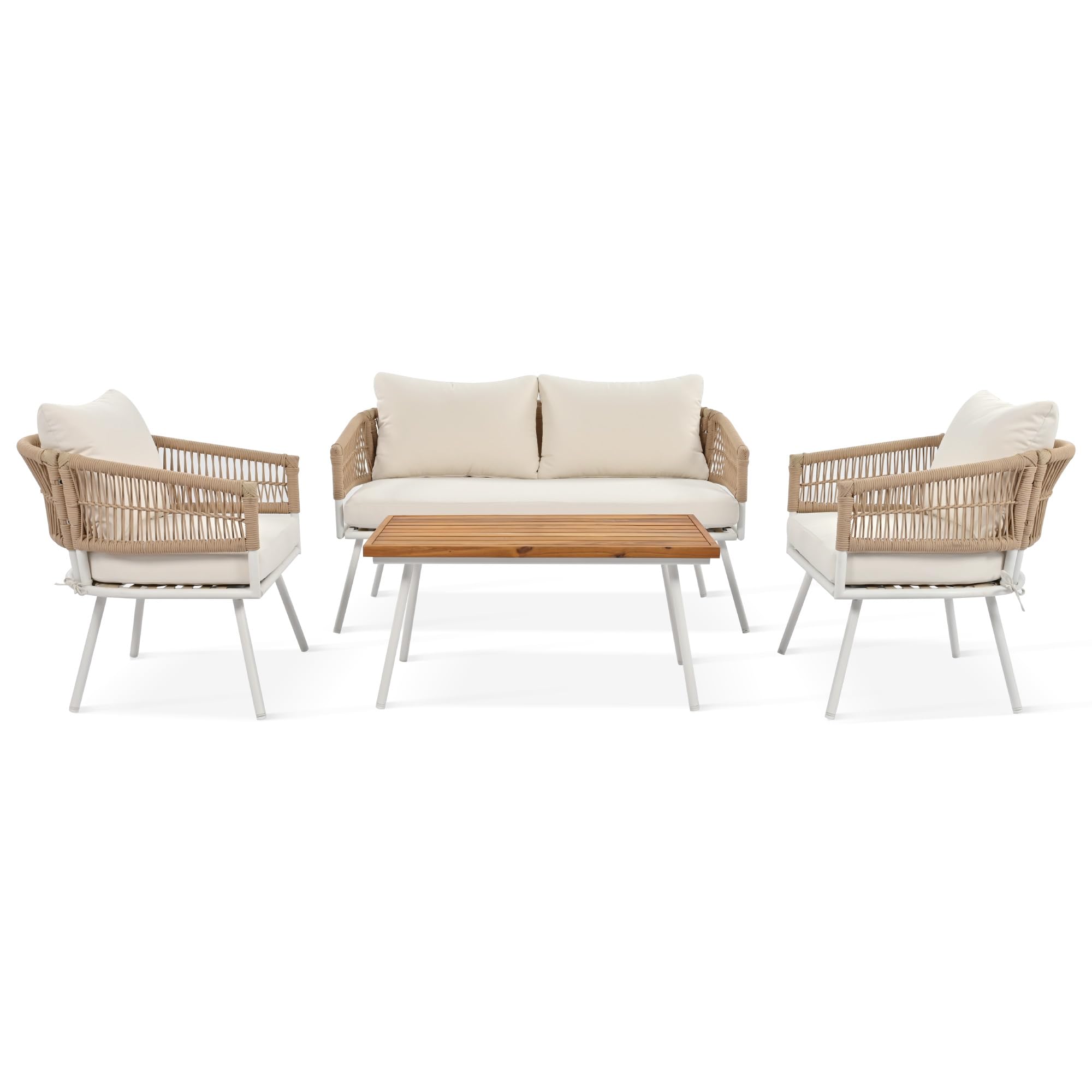 4-Piece Outdoor Patio Furniture Set with Thick Cushions & Deep Seating - Boho Style Acacia Wood Table Conversation Set for Backyard, Poolside or Garden - Perfect for Relaxing, Entertaining and Outdoor Gatherings (Beige)