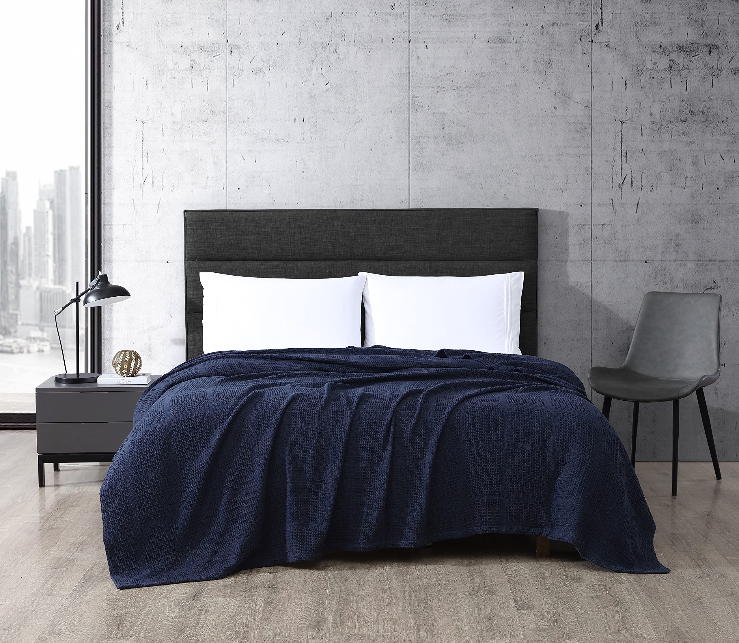 Kenneth Cole Queen Size Waffle Weave Cotton Blanket - Lightweight All-Season Bedding for Home, Travel & Dorm - Navy Blue Cozy Throw (Queen) - Perfect for Sofa, Bed & Outdoor Picnics