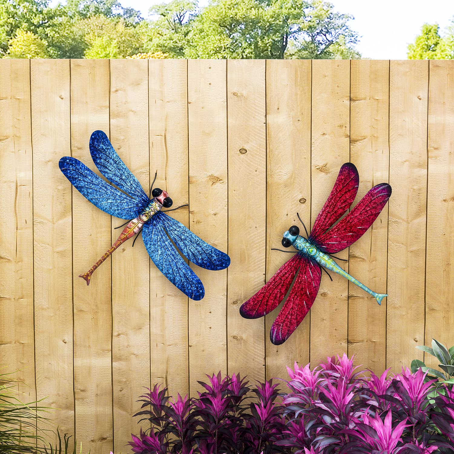 17.5 Inch Metal Dragonfly Garden Decor - Outdoor Hanging Wall Art Sculpture for Home, Yard & Patio (2 Pack) - Perfect for Garden Accents, Backyard Decorations & Outdoor Living Spaces