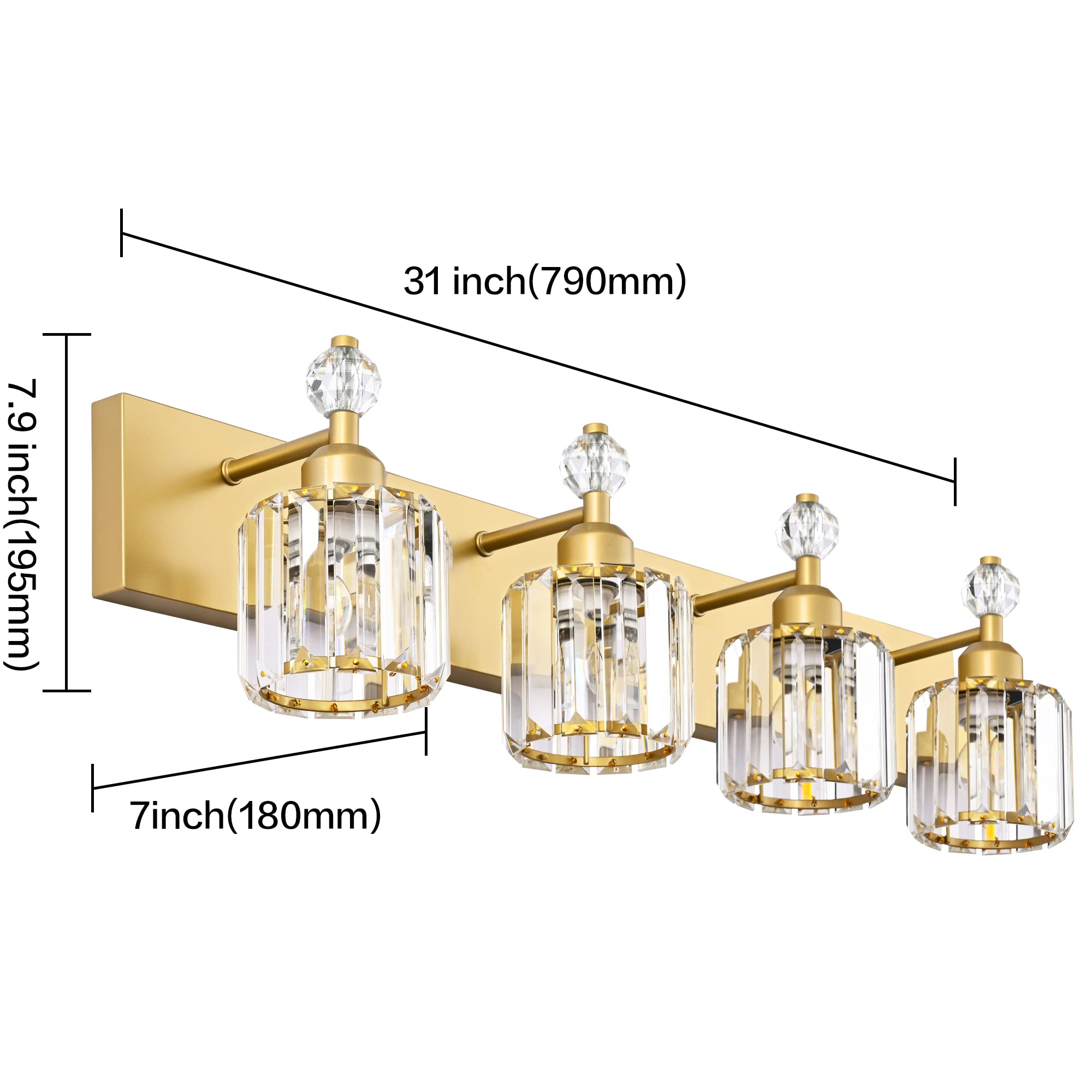 Modern Crystal Bathroom Vanity Light - 4-Light Gold Vanity Lighting for Mirror - Elegant Wall Fixture for Bathroom, Bedroom & Dressing Room