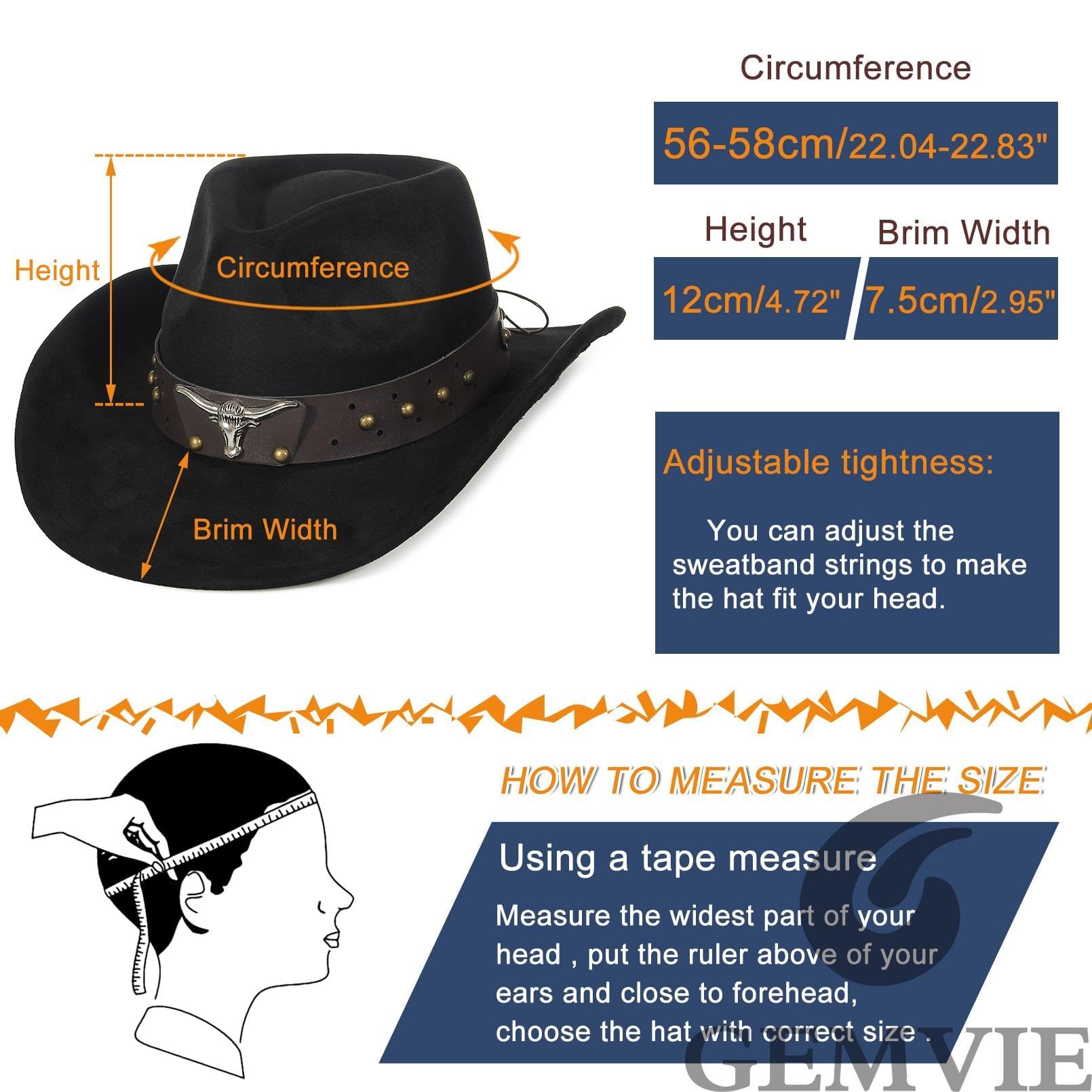 GEMVIE Suede Cowboy Hat for Men & Women - Roll Up Brim Western Cowgirl Hat - Classic Country Style Rancher Hat - Perfect for Rodeo, Music Festivals & Outdoor Adventures