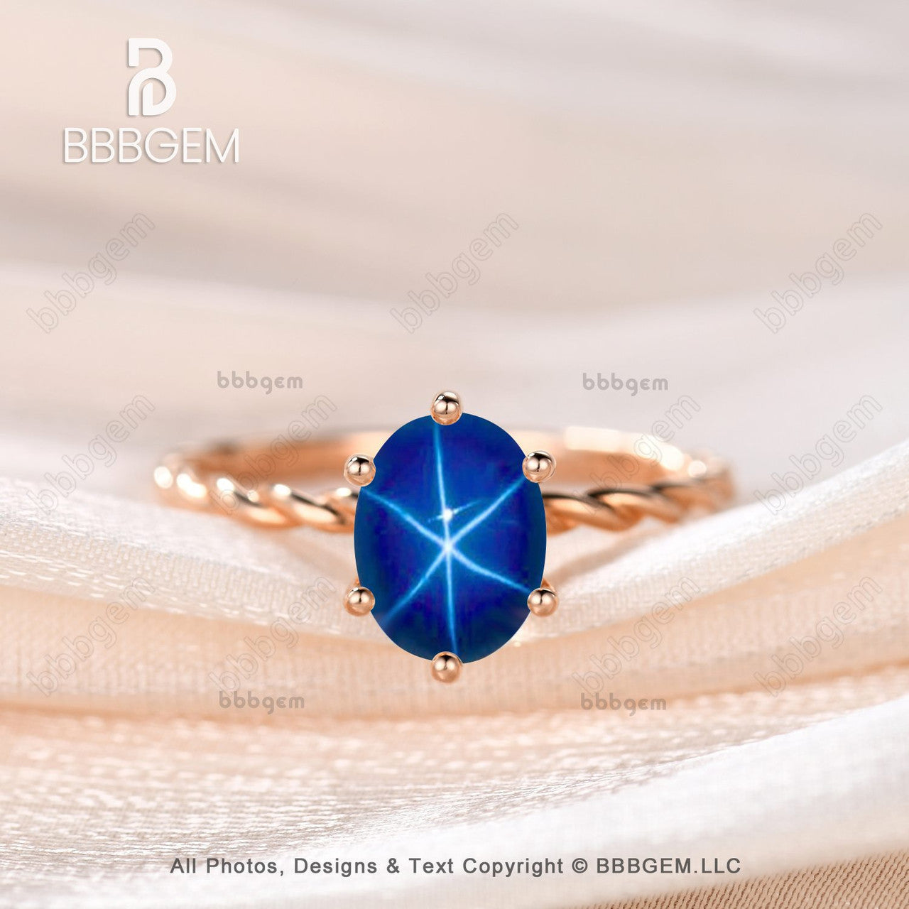 14K Rose Gold 1 Carat Blue Star Sapphire Oval Ring - September Birthstone Solitaire with Twisted Rope Band for Women, Perfect for Anniversary, Engagement & Special Occasion Gifts
