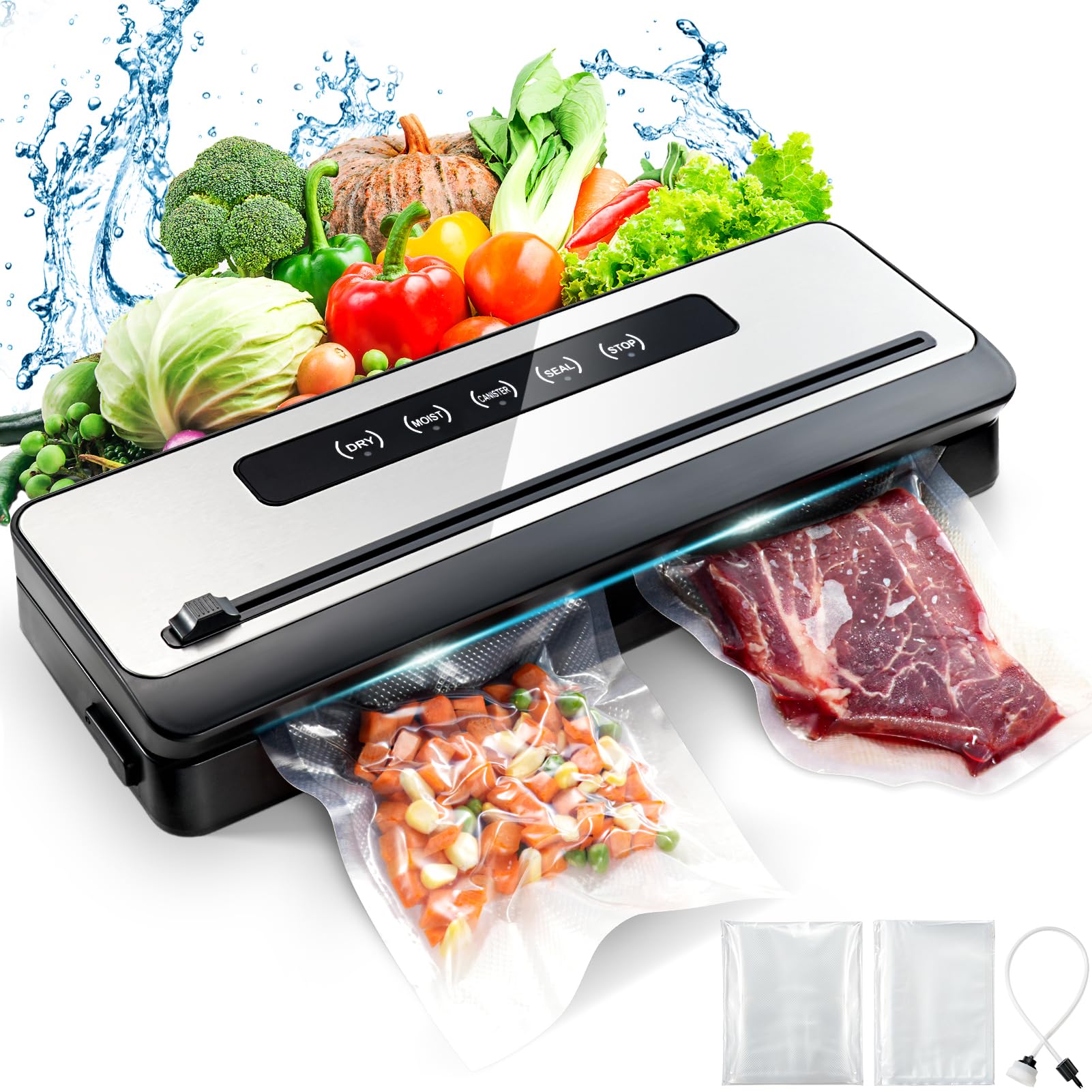 COVACURE Food Saver Vacuum Sealer Machine - 90Kpa Powerful Vacuum Sealer for Food Preservation with 12.6” Extra Long Seal, 4 Quick Modes, Includes 20 Bags, Built-in Cutter & Hose - Perfect for Meal Prep, Sous Vide, Freezing & Extending Food Freshness