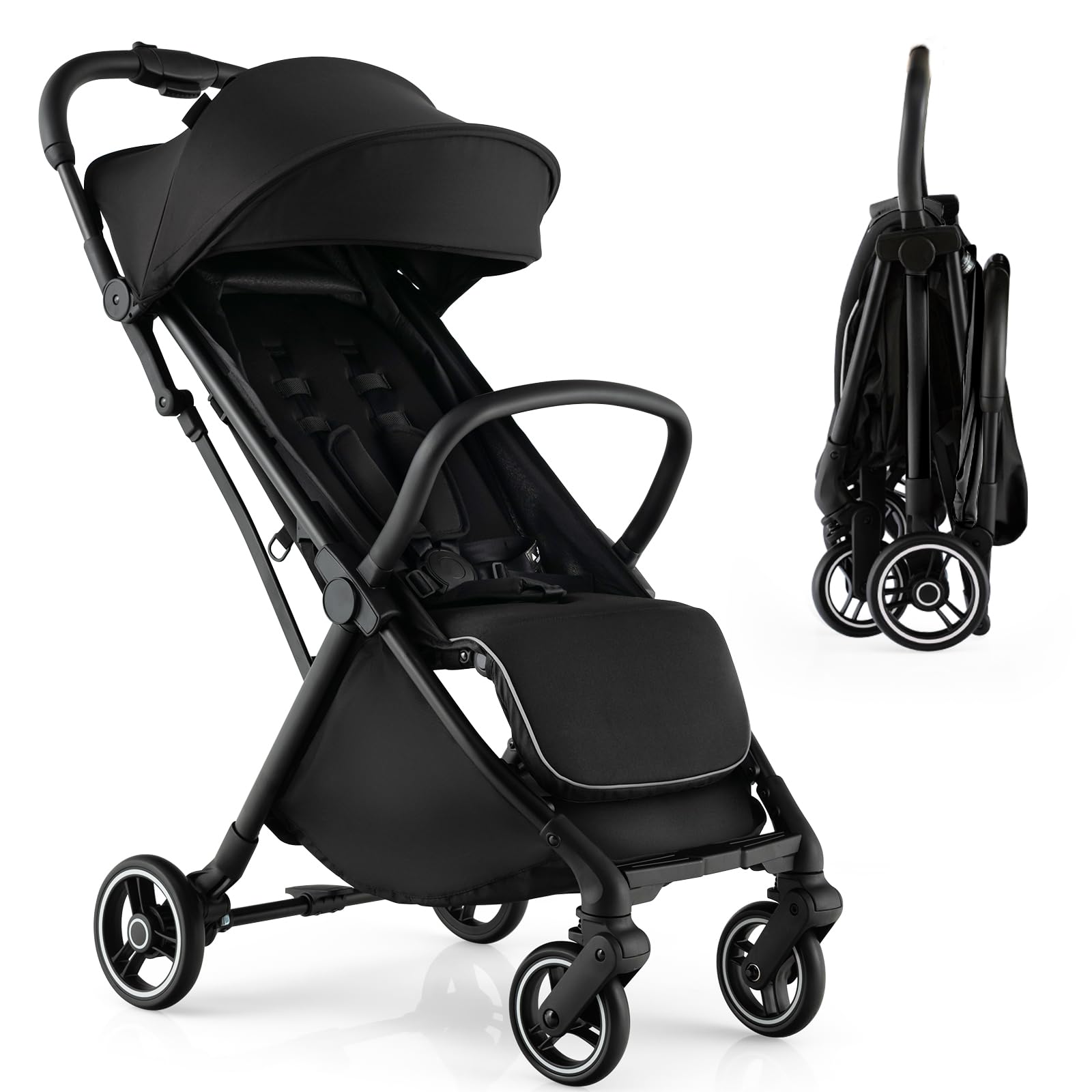 **HONEY JOY Lightweight Baby Stroller - Compact Travel Stroller for Airplane, Fits Cabin & Overhead Bins | One-Hand Gravity Fold, Self-Standing Toddler Stroller with Adjustable Backrest & Canopy (Black) | Perfect for Air Travel, Shopping, and Daily Walks**
