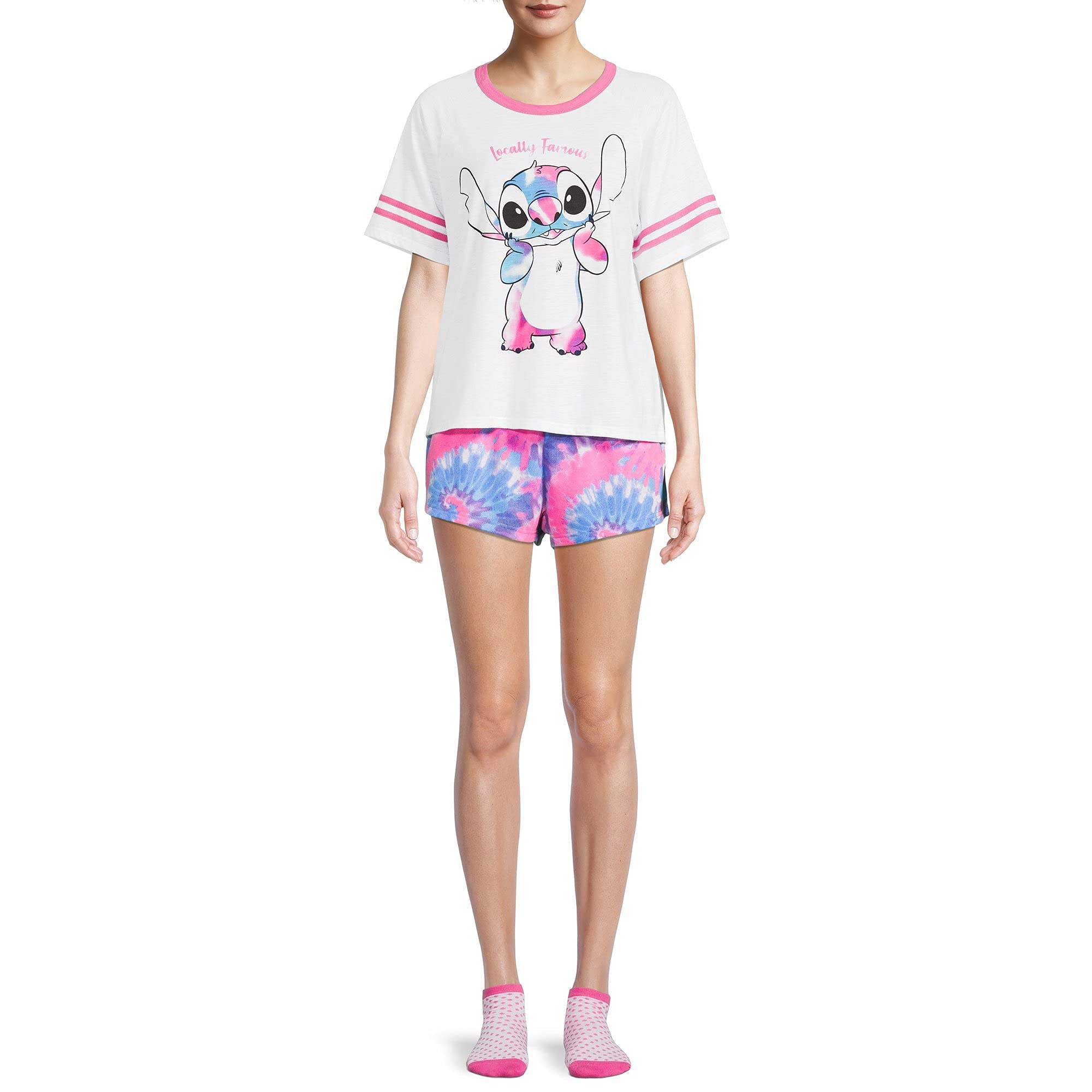 Disney Stitch Women's 3-Piece Pajama Set - T-Shirt, Sleep Shorts & Socks (3XL, White) | Cute Cartoon Character Sleepwear for Lounge, Movie Nights & Gifts