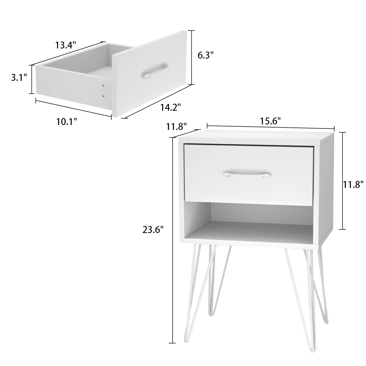 AIEGLE Modern Nightstand Set of 2 - Wooden Bedside Tables with Drawer & Shelf, Small Space Storage End Tables with Gold Metal Legs for Bedroom, Living Room, Dorm (15.7