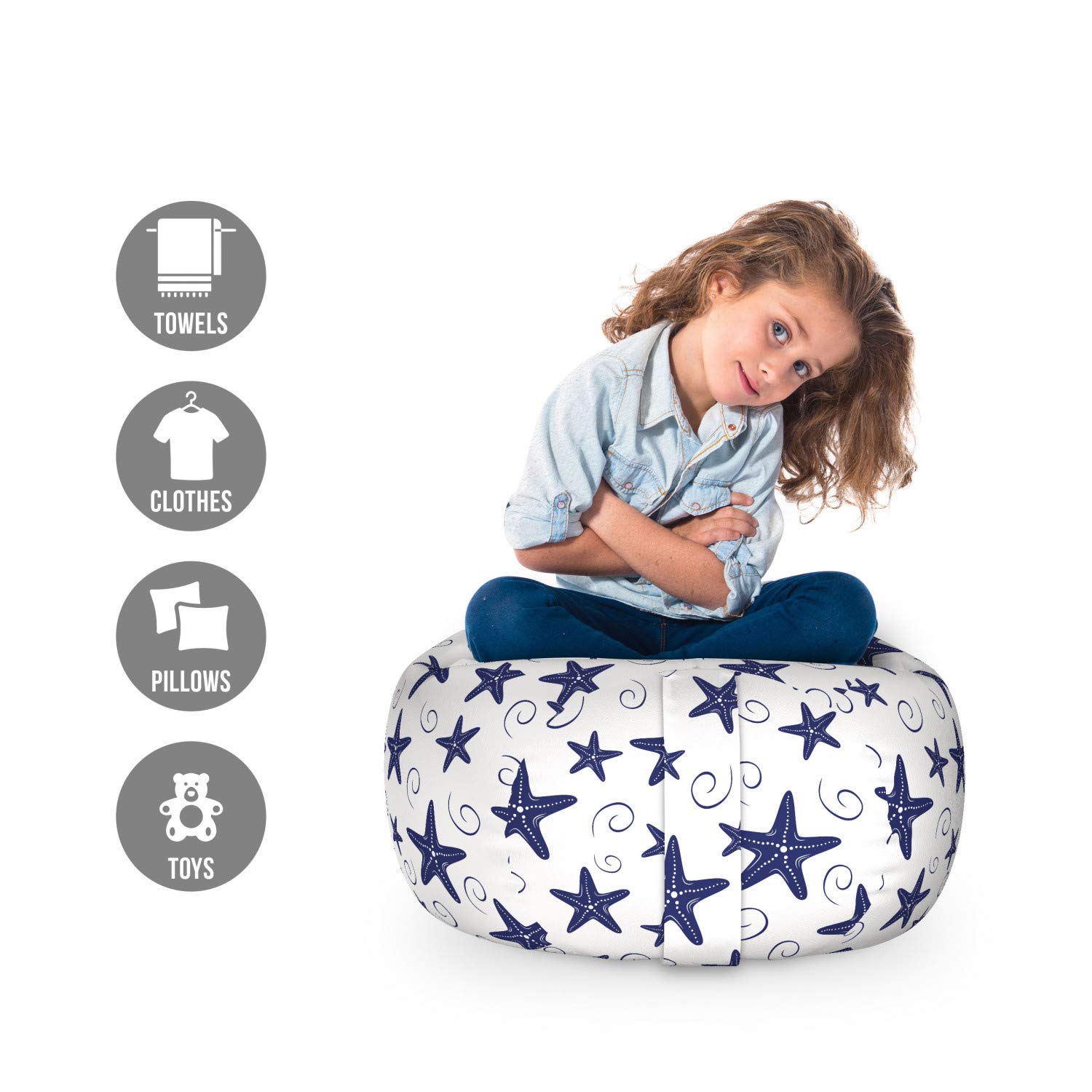 Ambesonne Nautical Toy Storage Bag Chair - Starfish & Wave Pattern Organizer for Stuffed Animals, Washable Small Size in Dark Lavender White | Kids' Room Decor, Beach Themed Nursery, Playroom Storage Solution