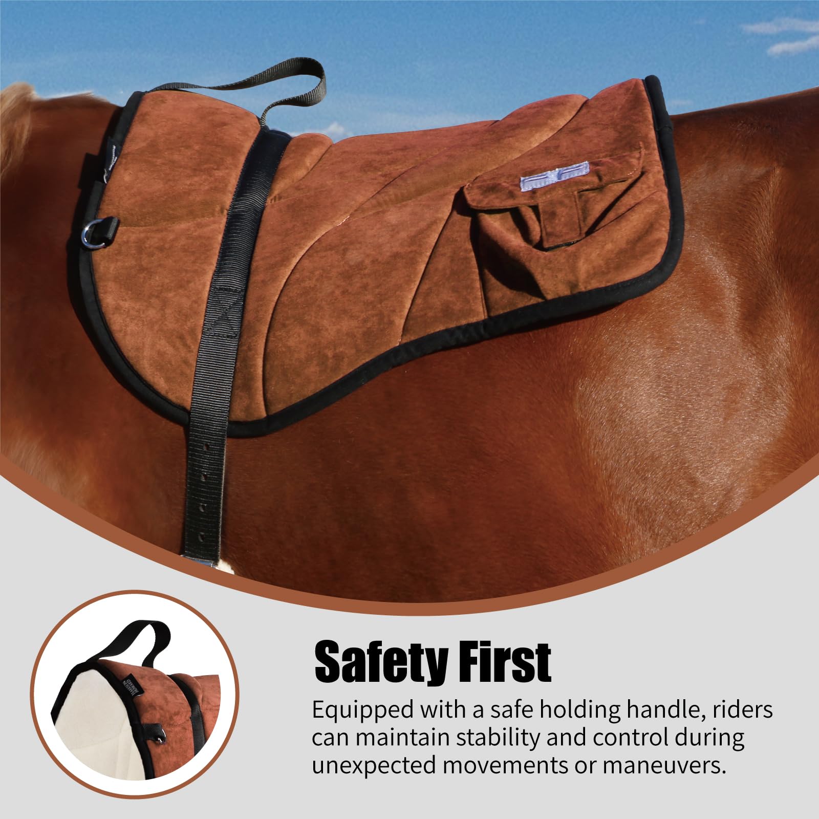Harrison Howard Anti-Slip Bareback Pad - Extra Thick Center for Maximum Support, Ergonomic Design with Side Pockets & Matching Girth - Perfect for Trail Riding, Horse Training and Comfortable Bareback Riding