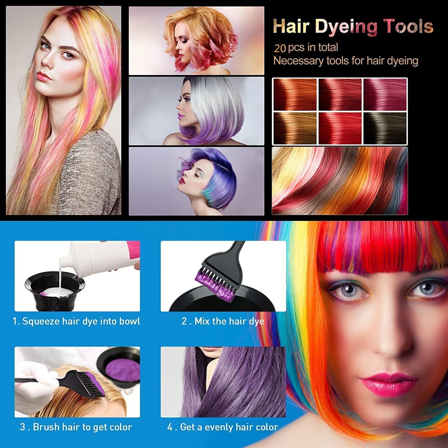 Sweetpea 5-Piece Hair Coloring Kit - Professional Salon Tools with Dye Bowl, 3 Brushes & Half Cape (Black) for At-Home Hair Dyeing & Styling