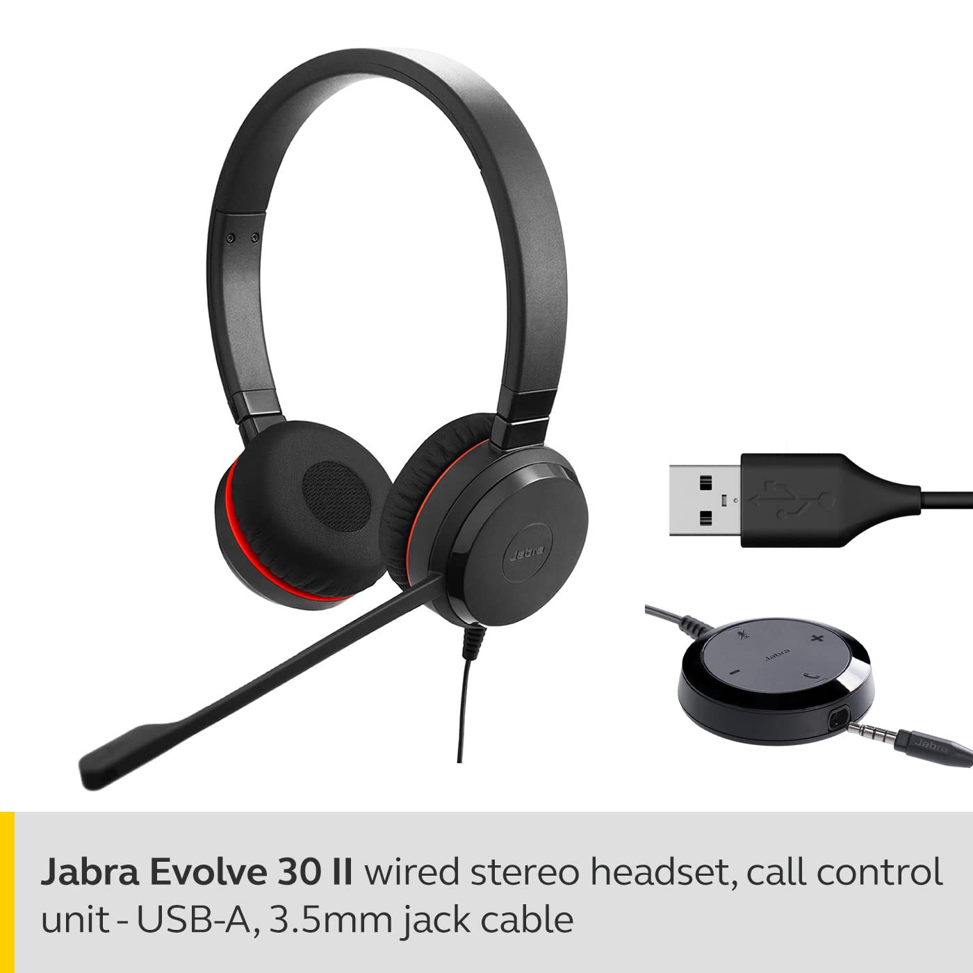Jabra Evolve 30 II UC-Optimized Wired Stereo Headset with 3.5mm Jack/USB - Premium Sound for Calls & Music - All-Day Comfort Office Headphones - Perfect for Remote Work, Call Centers & Video Conferencing