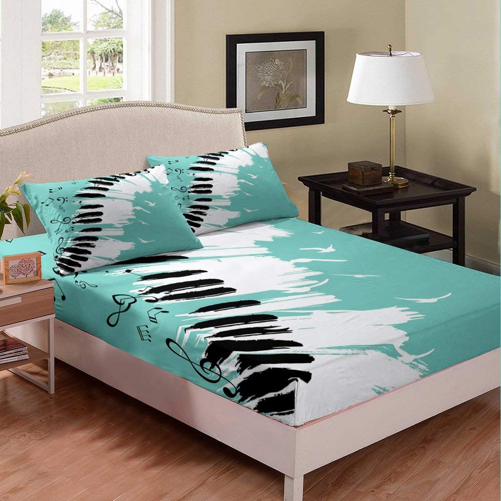 Homewish Musical Fitted Sheet Set - Piano Key & Note Design Twin Size Bedding for Kids (2pc Microfiber Set: 1 Fitted Sheet + 1 Pillowcase) - Perfect for Music-Themed Bedrooms & Gift for Young Musicians