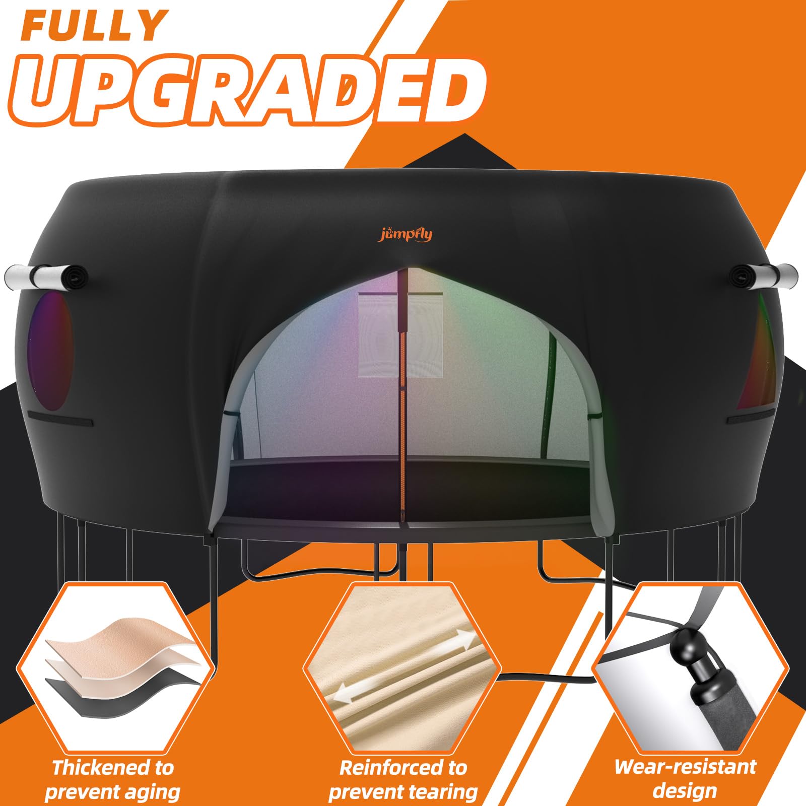 JumpFly 14FT Trampoline Tent for Kids (Tent Only) - Fits 6 Curved Poles Round Trampoline, LED Light Shade Cover, Durable Anti-Tear Canopy for Outdoor Play & Camping (Black/Light Brown) - Perfect for Backyard Fun, Summer Shade & Sleepovers