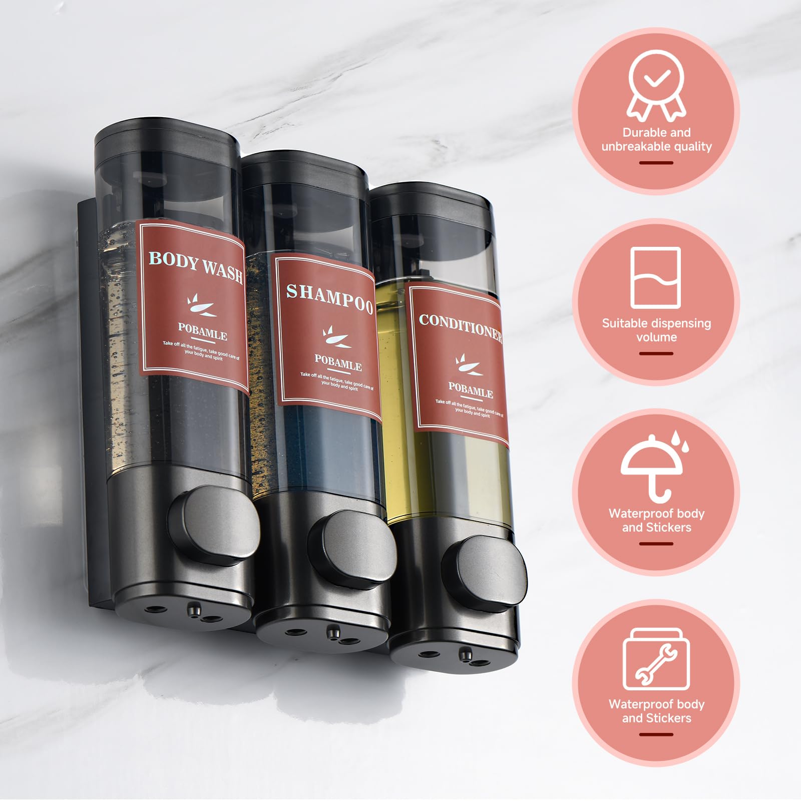 Wall Mounted 3-Chamber Shower Dispenser - No Drill Soap, Shampoo & Conditioner Holder for Bathroom - Perfect for Shower Gel, Body Wash & Hair Care Products - Ideal for Home, Gym & Spa Use
