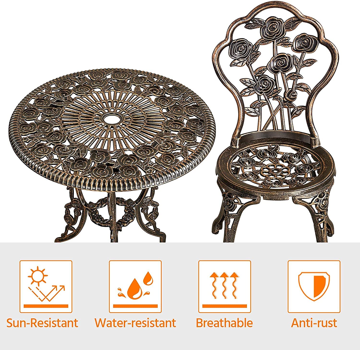 3-Piece Outdoor Bistro Set with Rose Pattern - 1 Table & 2 Chairs, Aluminum & Cast Iron Patio Furniture for Garden, Backyard, Deck or Balcony