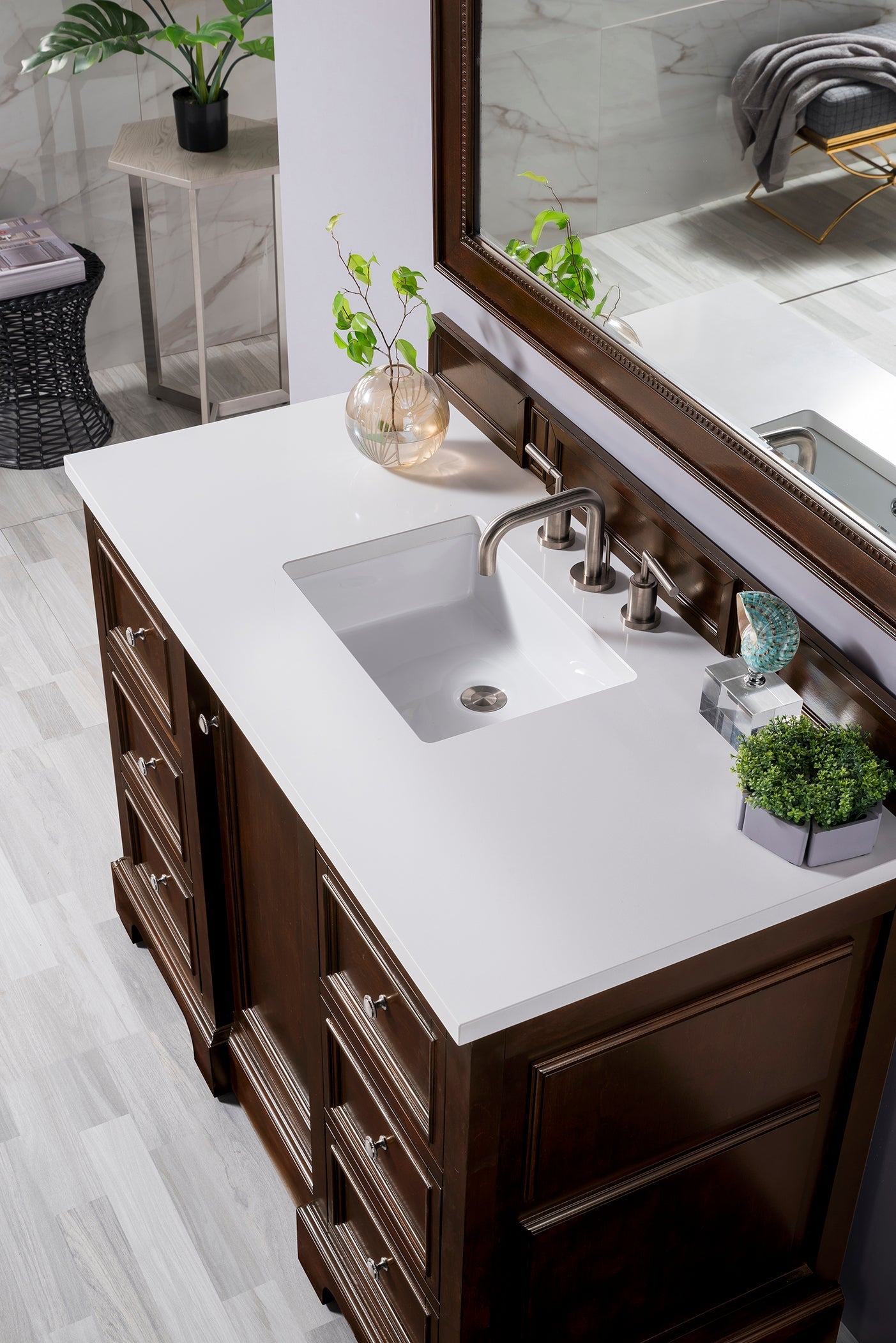 De Soto 48 Inch Single Bathroom Vanity with Burnished Mahogany Finish & 3CM Classic White Quartz Countertop - Perfect for Modern Master Bathrooms and Guest Suites