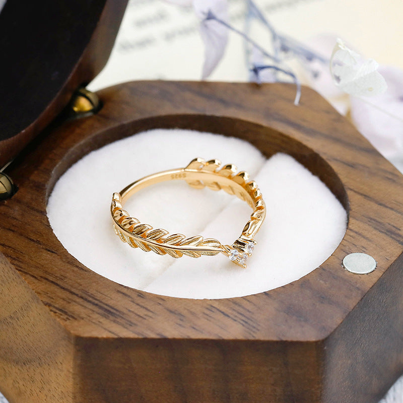 Dainty Gold Zircon Feather Leaf Ring for Women - Elegant 14K Gold Plated Leaf Design Ring with Cubic Zirconia Stones - Perfect for Weddings, Parties & Everyday Wear | TB572