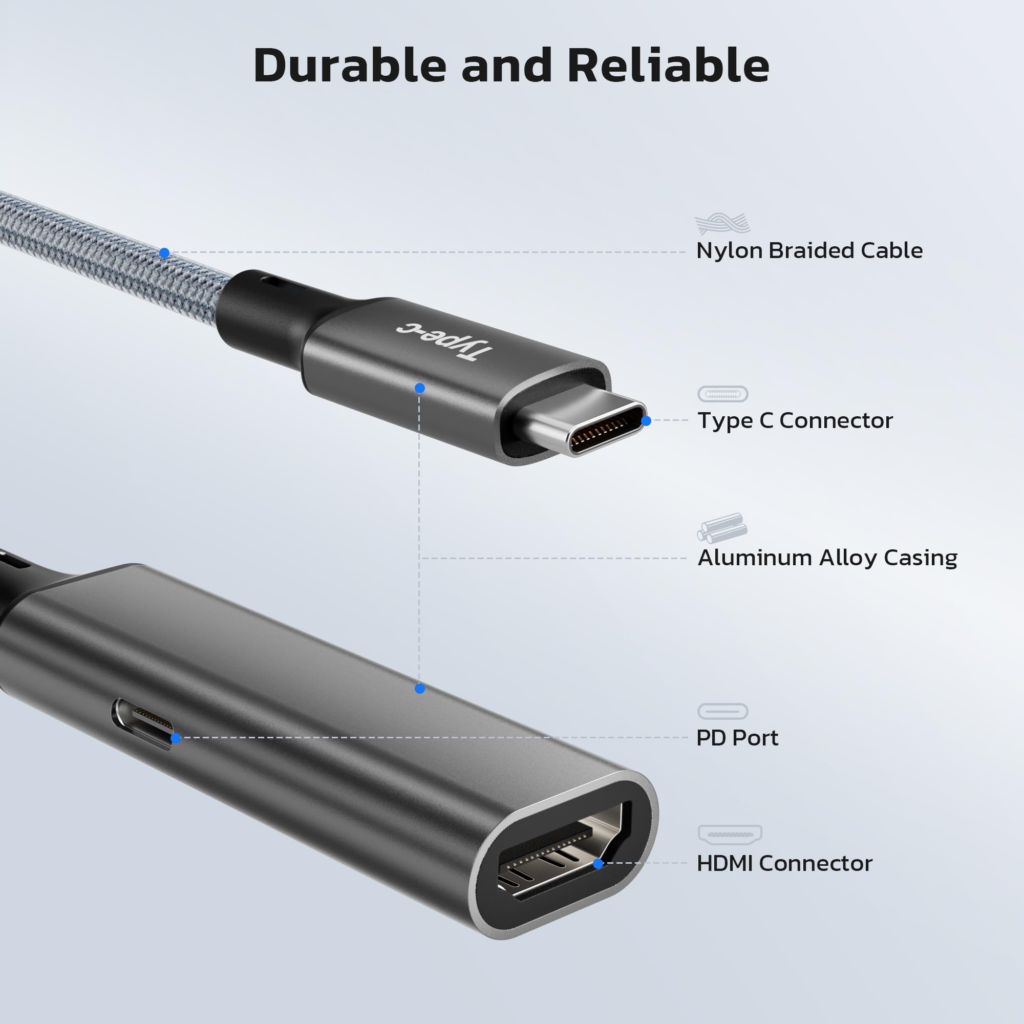 RUXELY USB C to HDMI Adapter with 100W PD Charging - 4K@60Hz Thunderbolt 3 to HDMI Converter for MacBook, iPad Pro, iPhone 16/15, Galaxy S24 - Ideal for Home Office, Gaming & Presentations