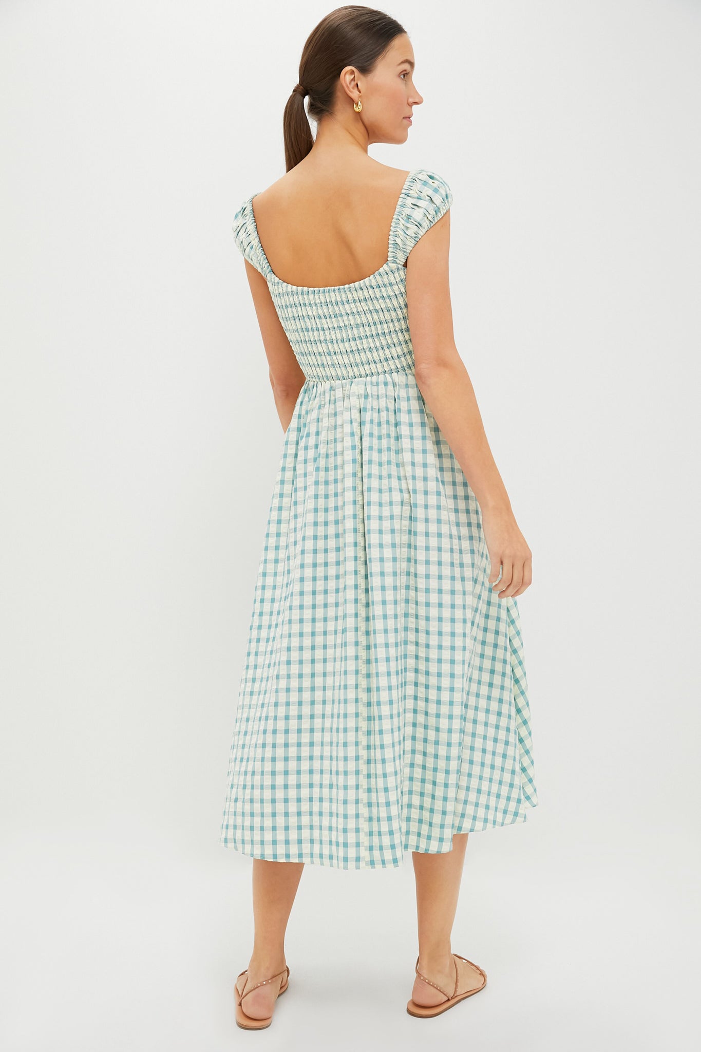 Blue Gingham Seersucker Amy Dress - Summer Floral Print Women's Dress for Beach Vacation, Garden Party & Casual Outings