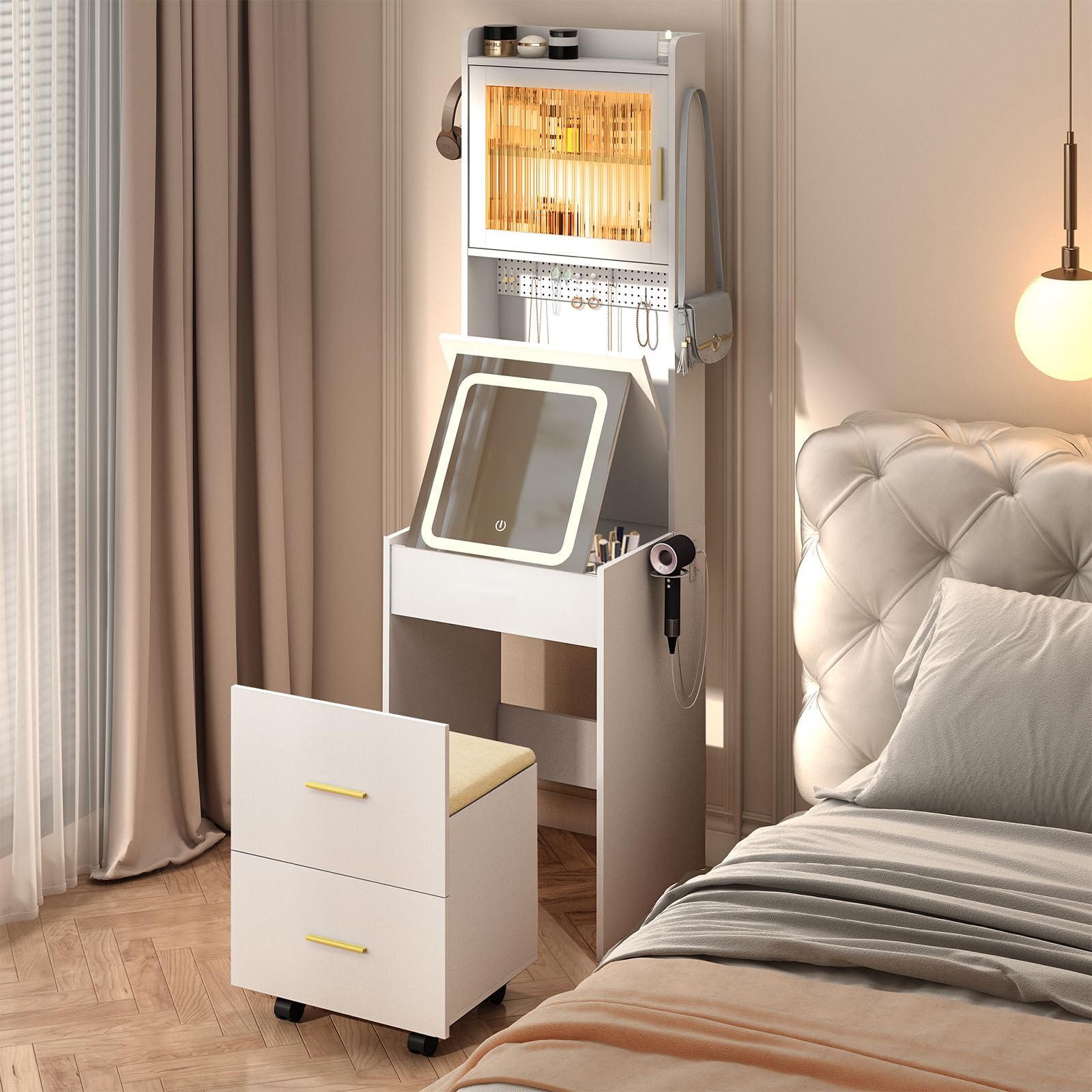 VINGLI 3-in-1 Small Vanity Desk with LED Lighted Mirror, Storage Drawer & Wheeled Stool - Compact Makeup Vanity Set with Adjustable Lighting, DIY Pegboard & Power Outlet for Bedroom, Dorm, Home Beauty Station (White) | Perfect for Daily Makeup Routine & Skincare Organization