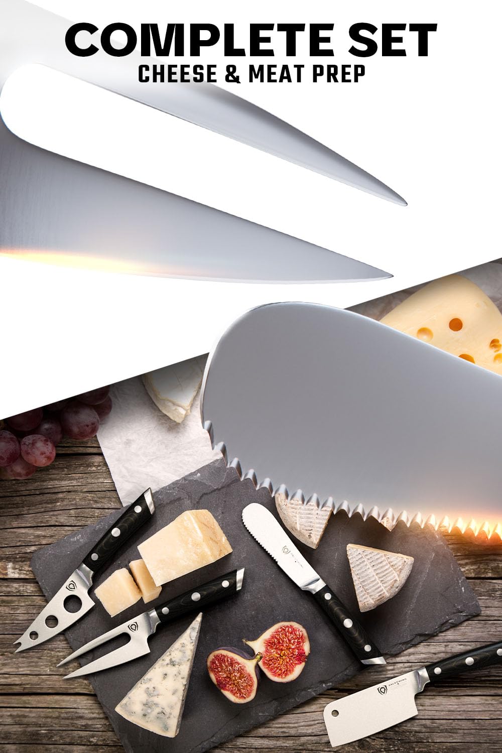 Premium Dalstrong Charcuterie & Cheese Knife Set - 4-Piece Gladiator Series Elite with Mini Cleaver, Serrated, Round-Tip & Forked Knives - G10 Handle for Soft & Hard Cheese - NSF Certified - Perfect for Charcuterie Boards, Cheese Platters & Gourmet Entertaining