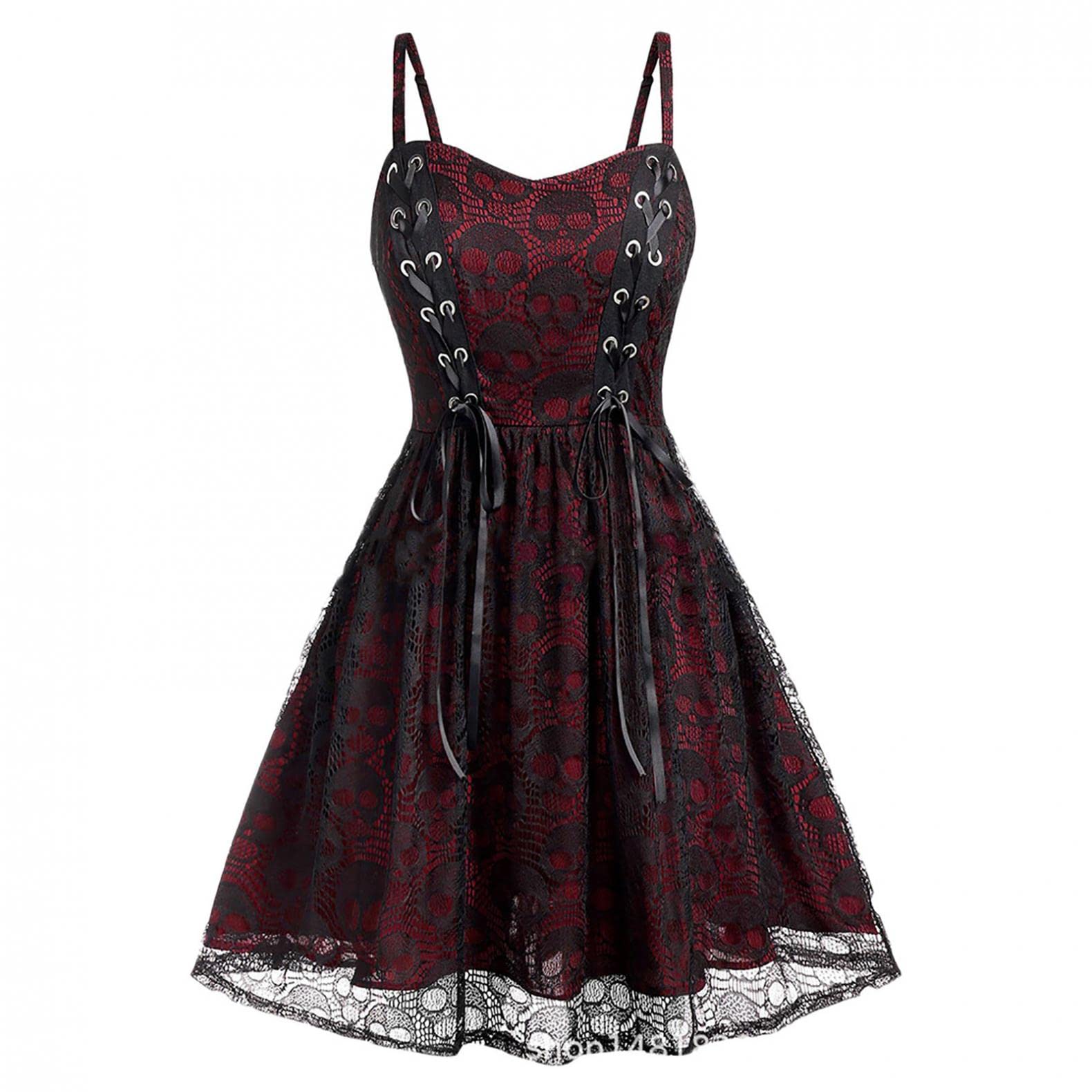 Women's Punk Maxi Dress - Sleeveless Camisole Skull Print Lace Swing Dress for Halloween Party, Gothic Fashion & Casual Wear